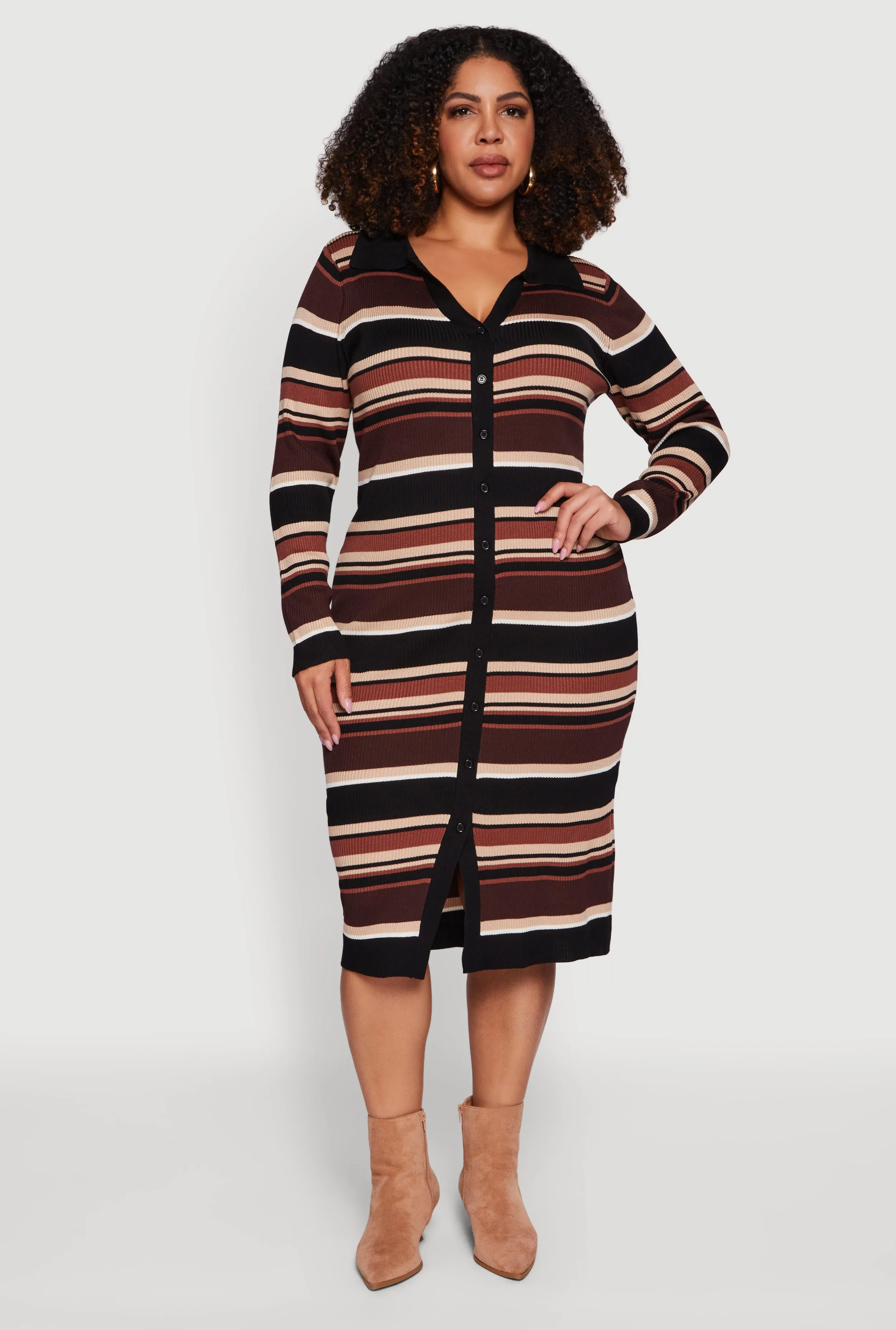 Plus Size Collared Front Slit Striped Sweater Dress sold by Rainbow