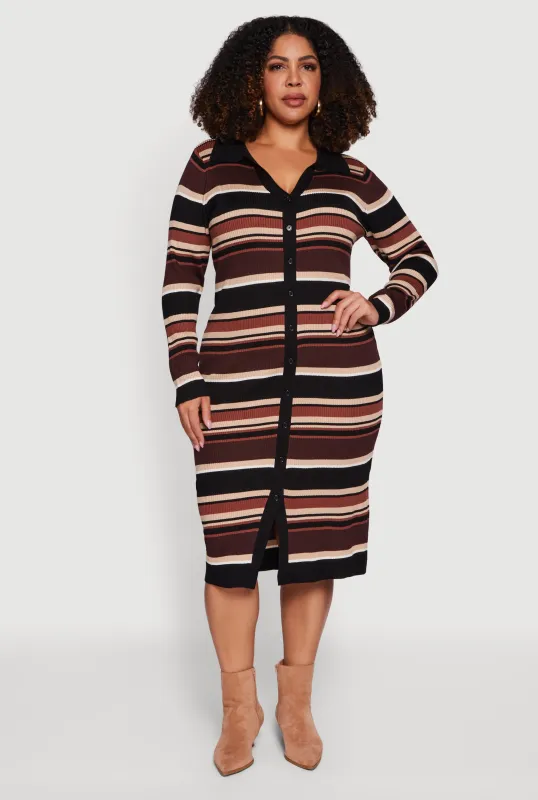 Plus Size Collared Front Slit Striped Sweater Dress sold by Rainbow