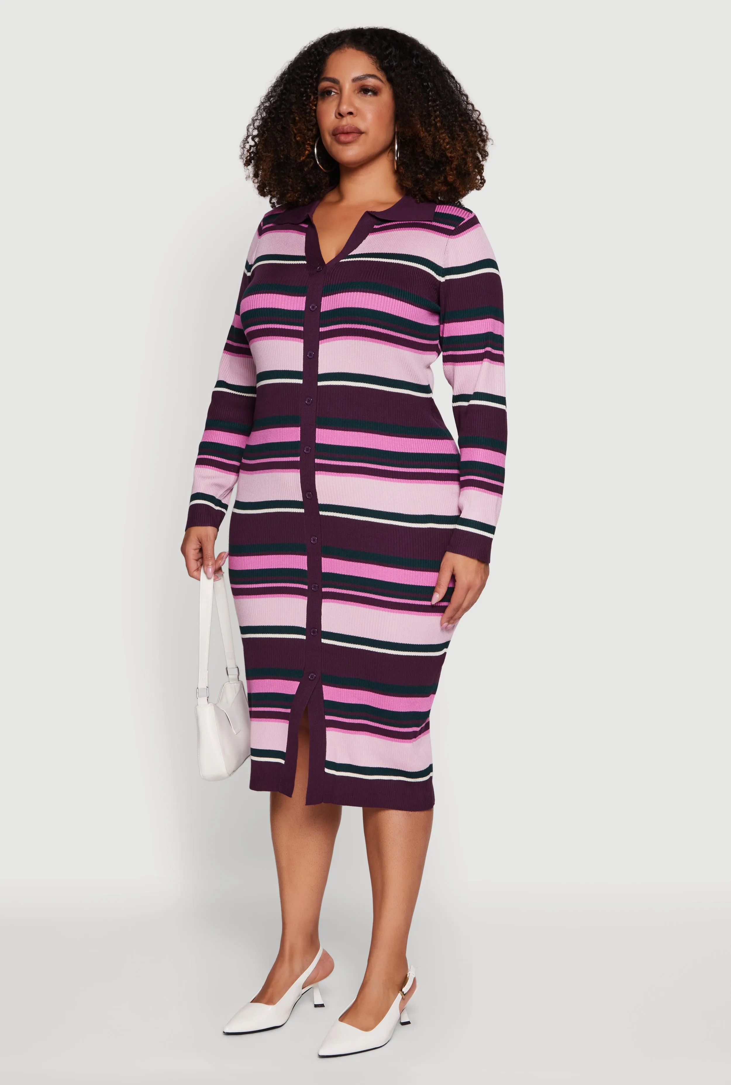 Plus Size Collared Front Slit Striped Sweater Dress sold by Rainbow product image thumbnail 3