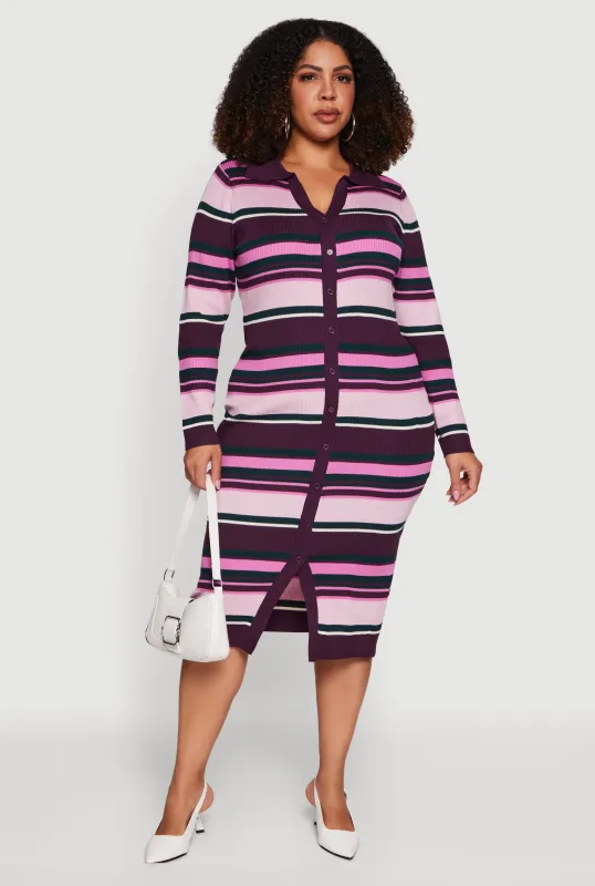 Plus Size Collared Front Slit Striped Sweater Dress sold by Rainbow