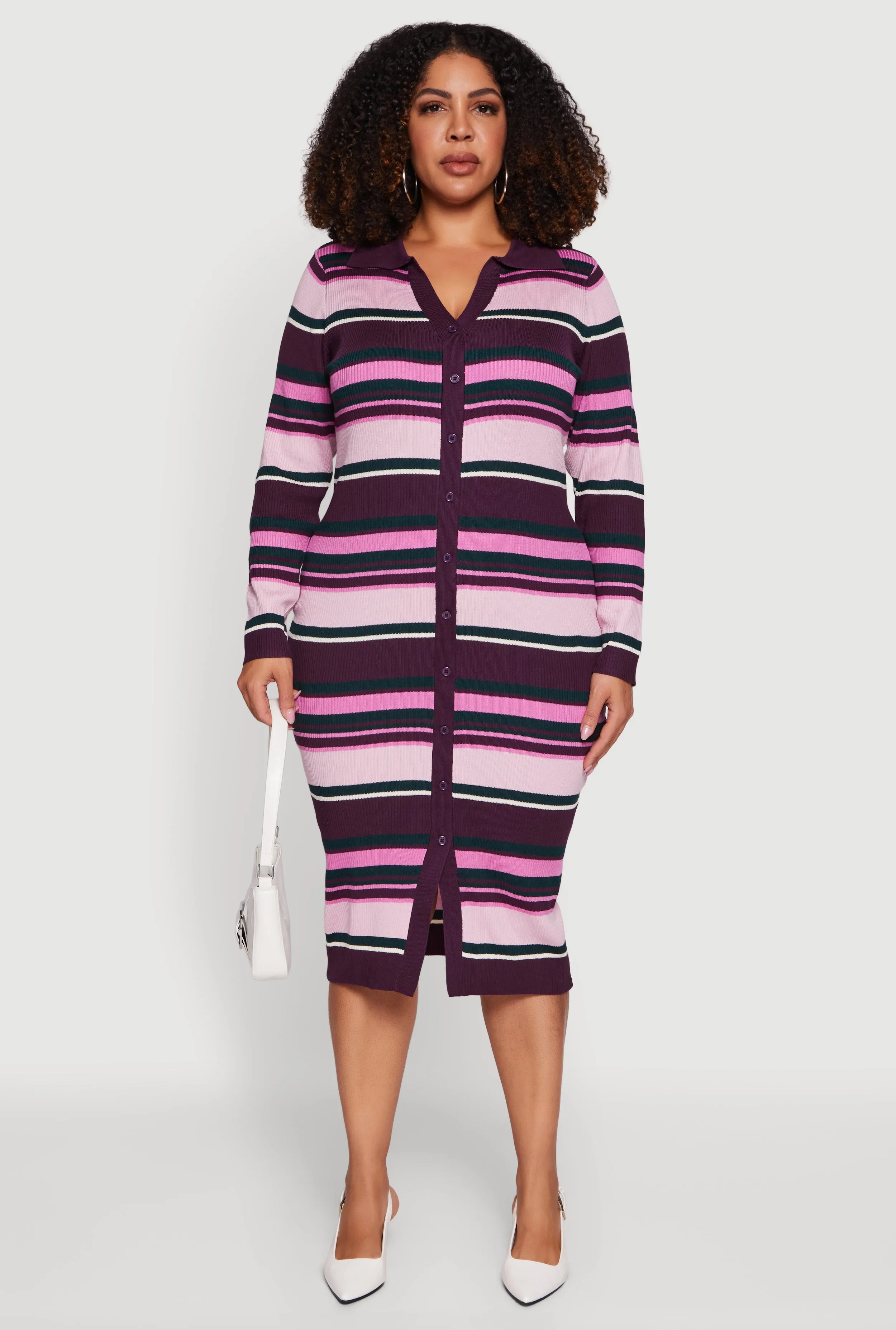Plus Size Collared Front Slit Striped Sweater Dress sold by Rainbow product image thumbnail 2