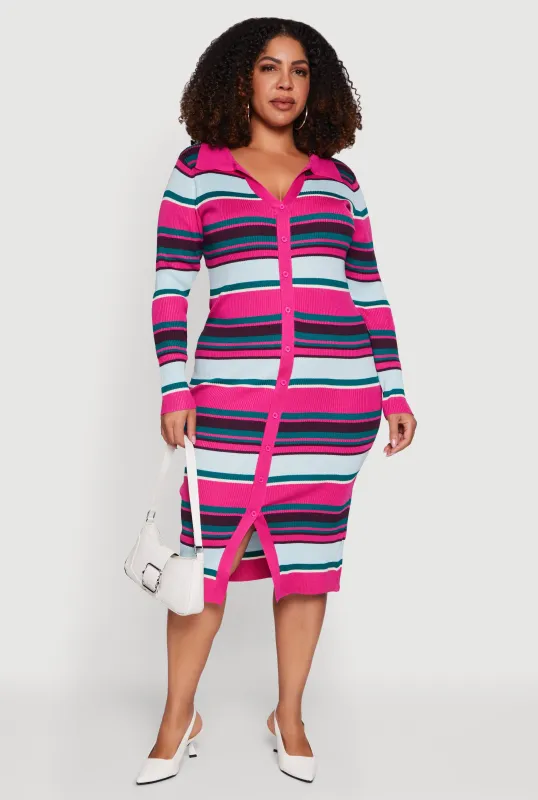 Plus Size Collared Front Slit Striped Sweater Dress sold by Rainbow