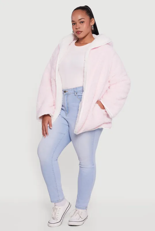 Plus Size Reversible Hooded Open Front Sherpa Jacket sold by Rainbow