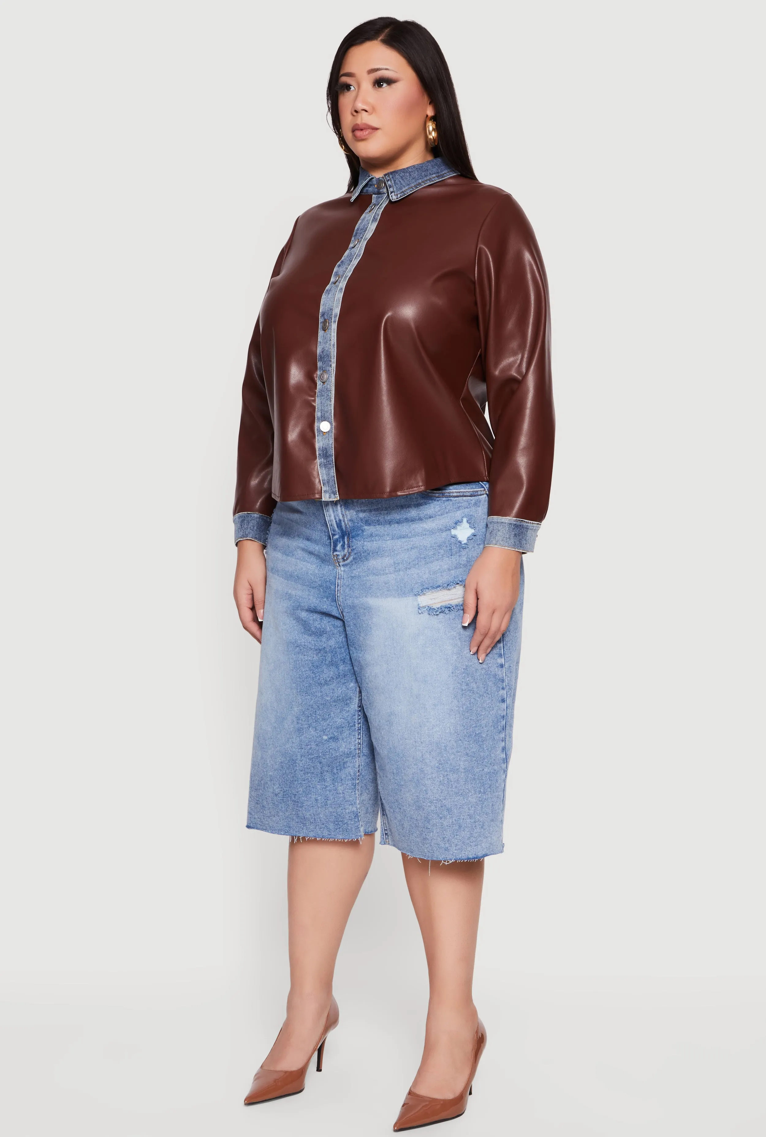 Plus Size Denim Trim Faux Leather Shirt sold by Rainbow product image thumbnail 5