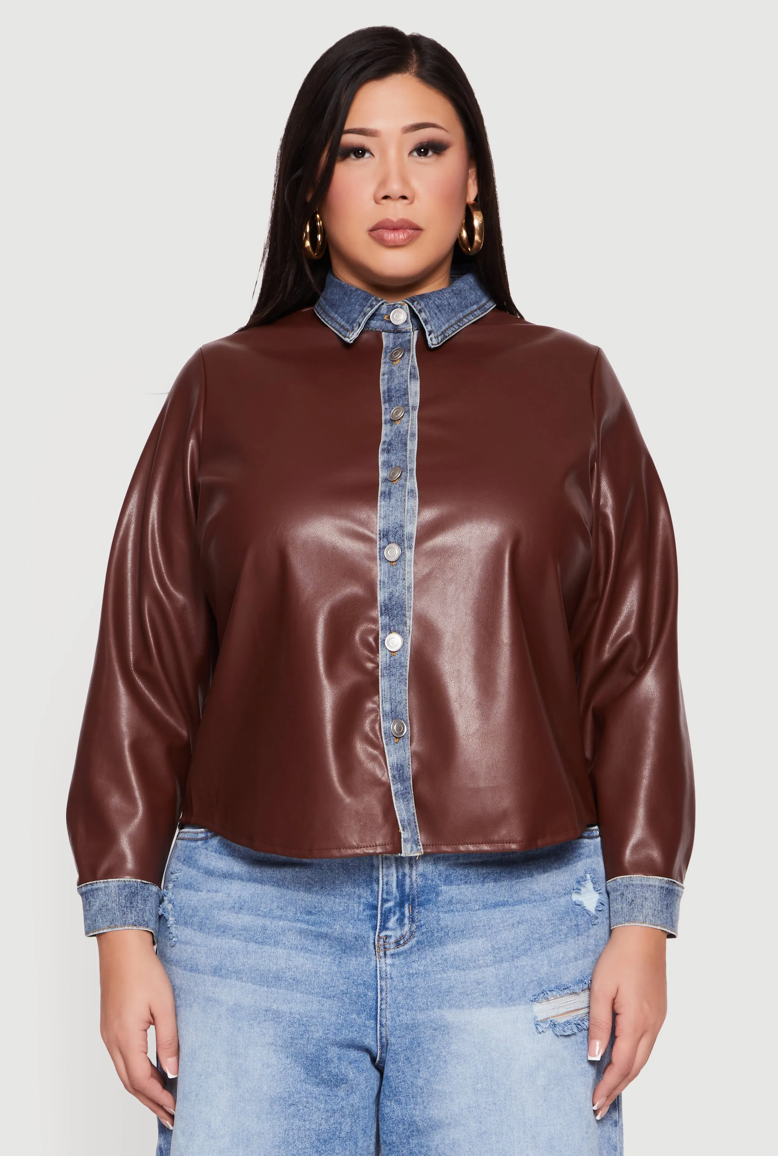 Plus Size Denim Trim Faux Leather Shirt sold by Rainbow product image thumbnail 2