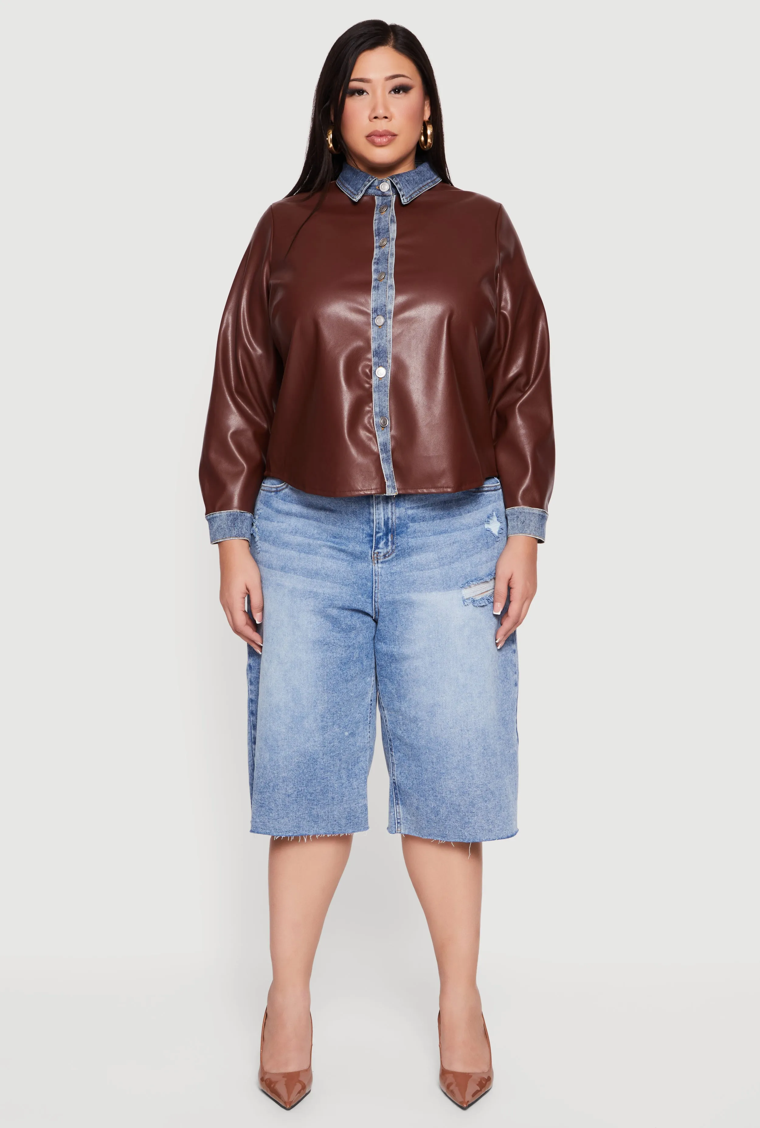Plus Size Denim Trim Faux Leather Shirt sold by Rainbow product image thumbnail 3