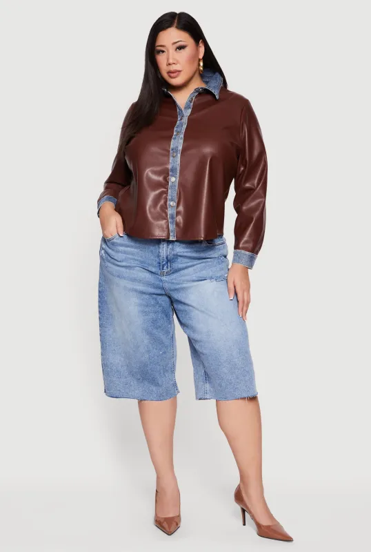 Plus Size Denim Trim Faux Leather Shirt sold by Rainbow