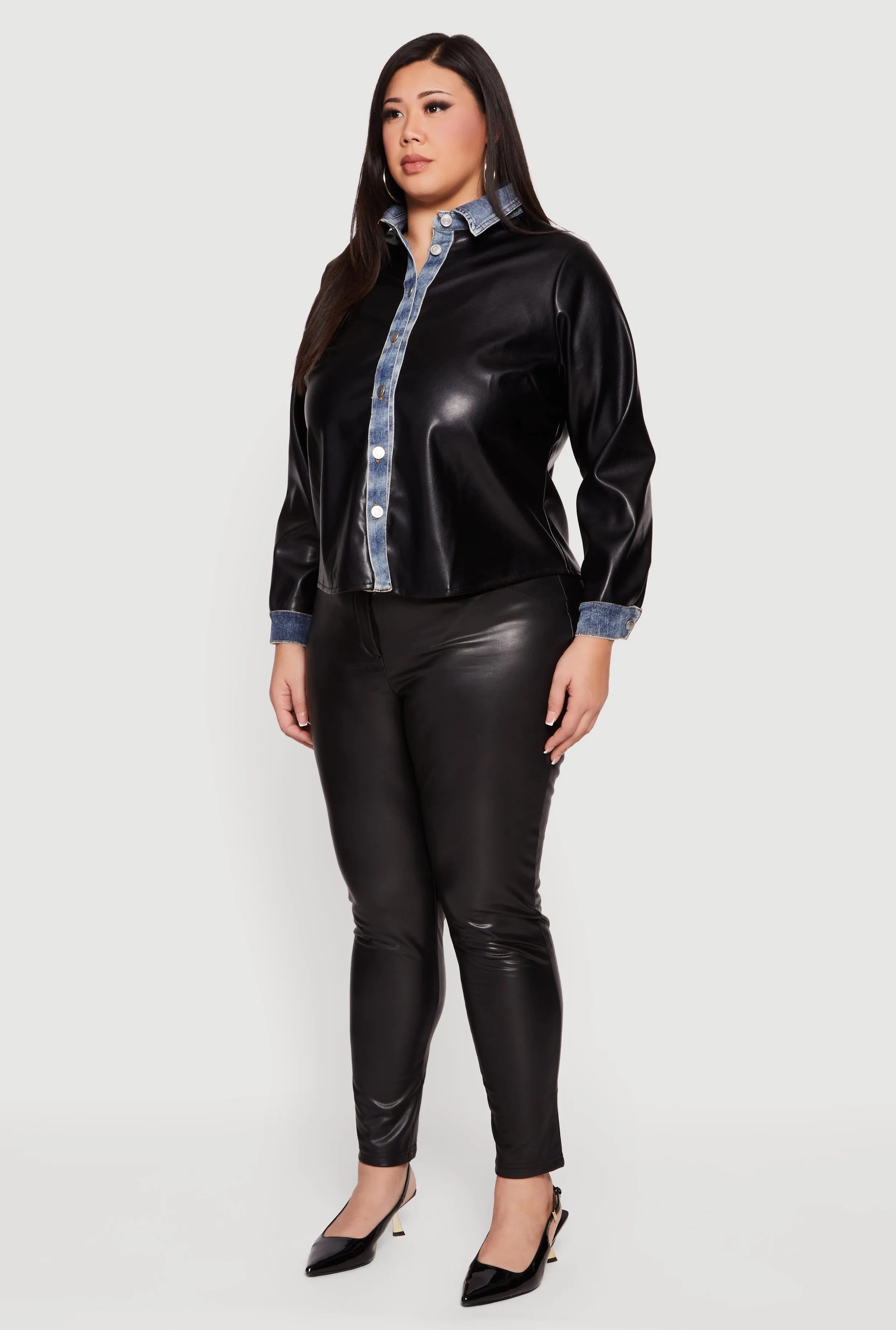 Plus Size Denim Trim Faux Leather Shirt sold by Rainbow product image thumbnail 5
