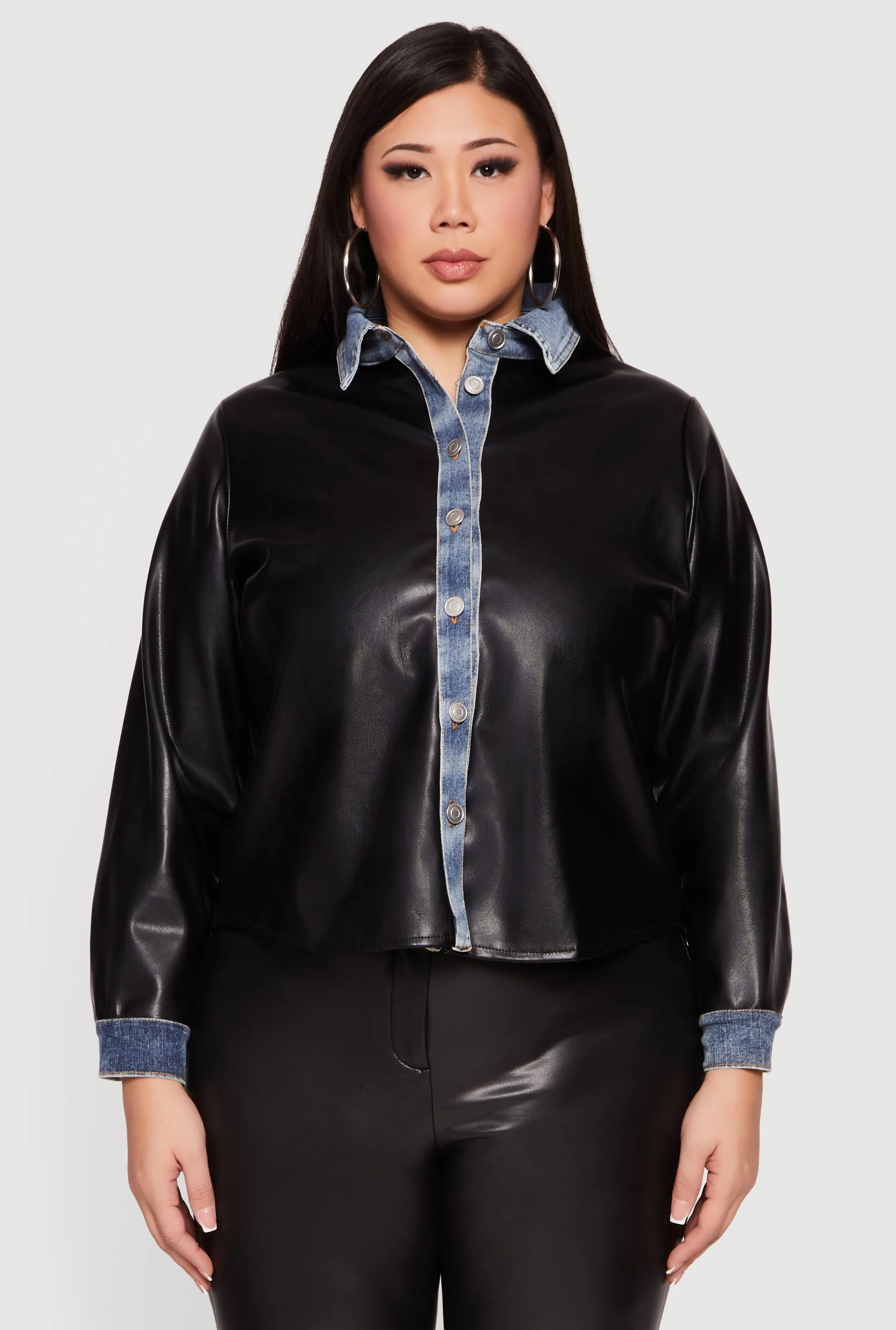 Plus Size Denim Trim Faux Leather Shirt sold by Rainbow product image thumbnail 2