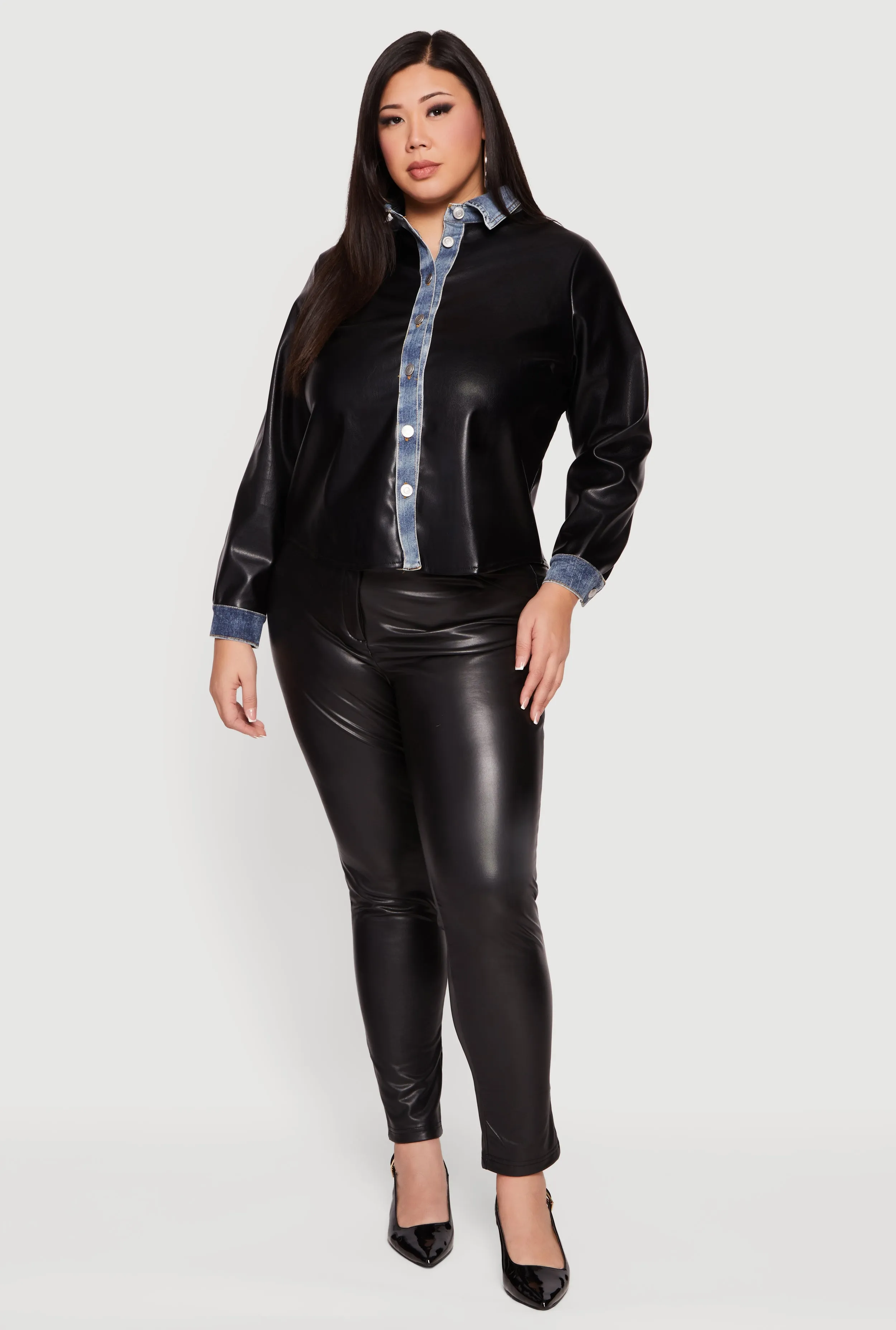 Plus Size Denim Trim Faux Leather Shirt sold by Rainbow product image thumbnail 3