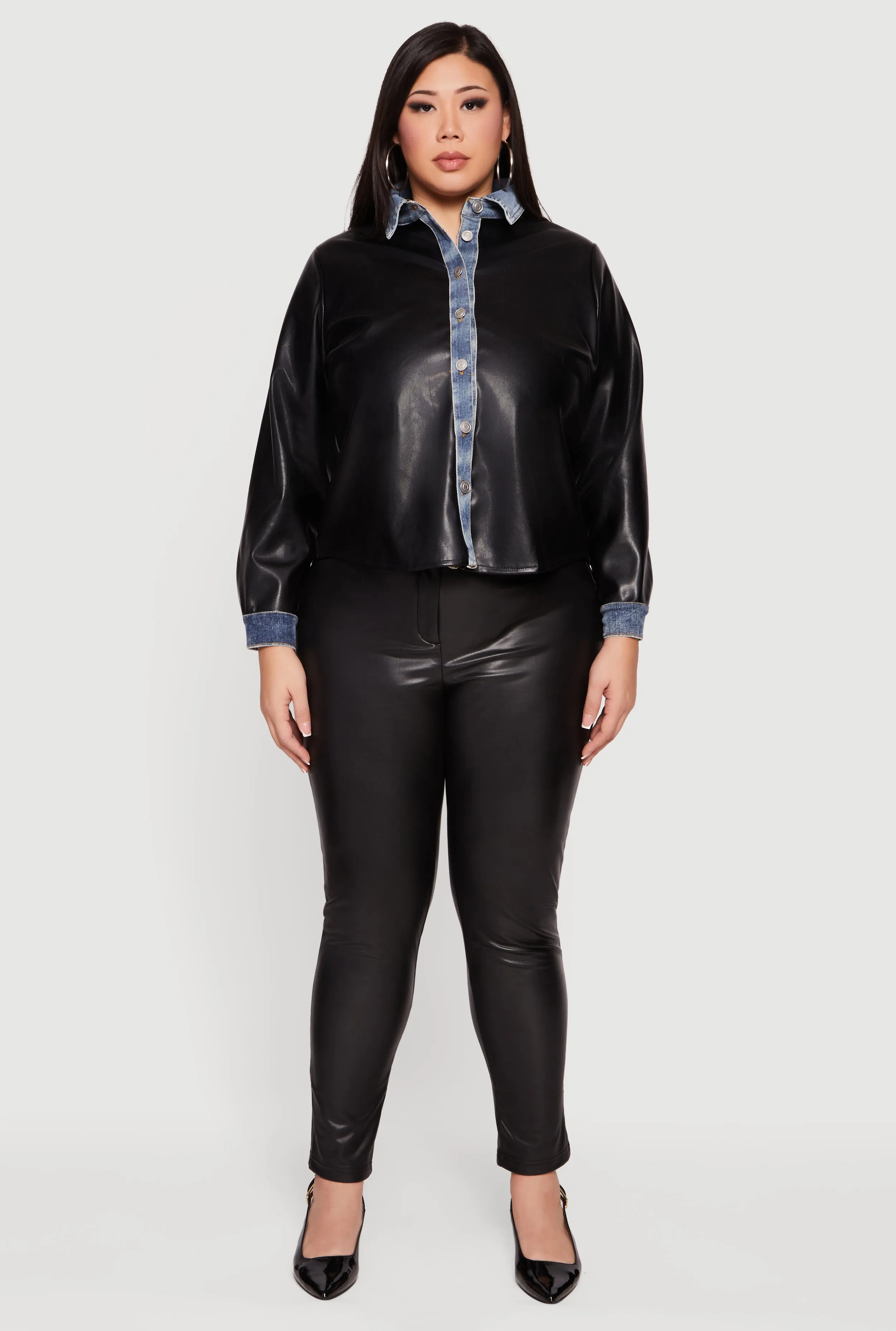 Plus Size Denim Trim Faux Leather Shirt sold by Rainbow