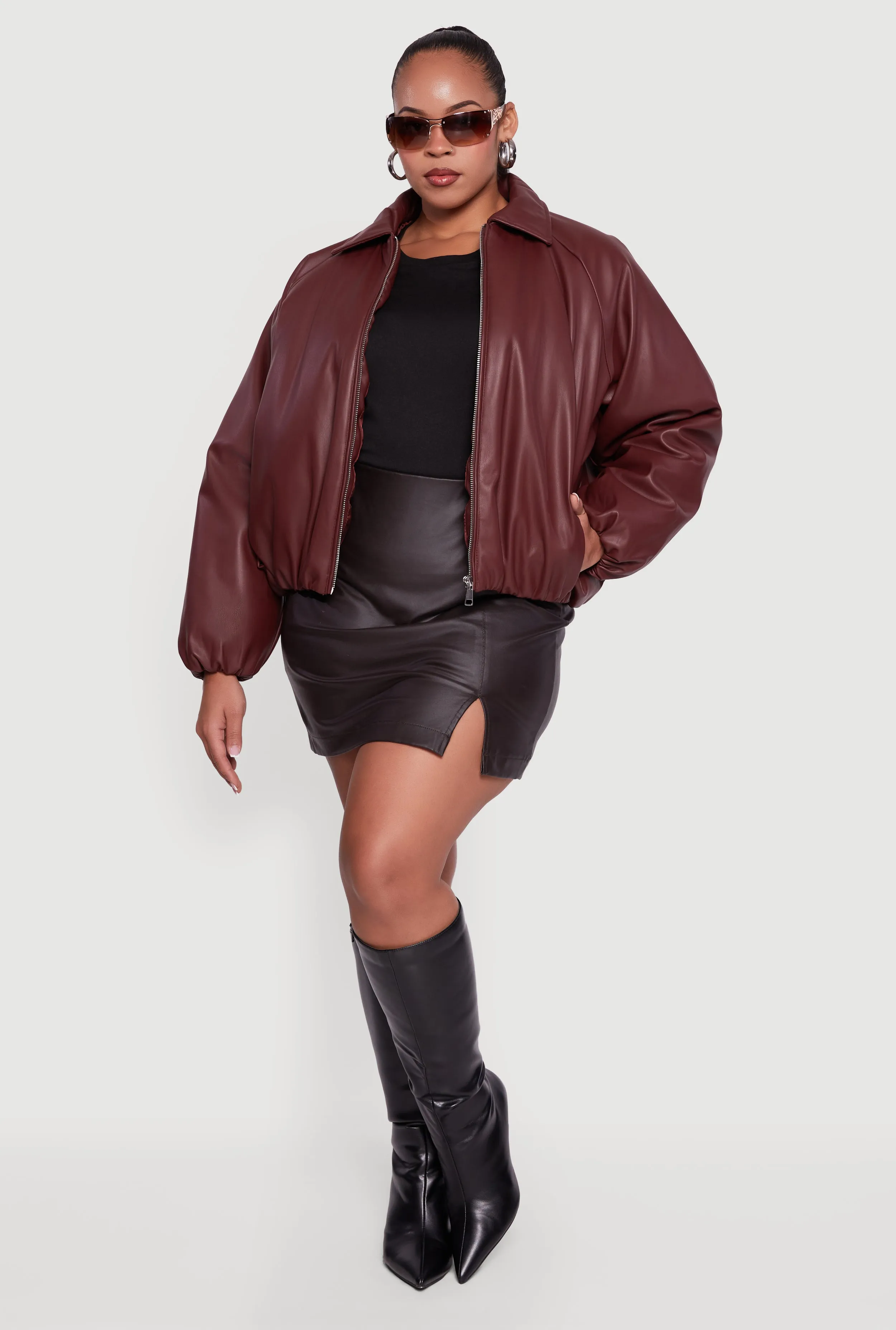 Plus Size Faux Leather Zip Front Bubble Hem Jacket sold by Rainbow
