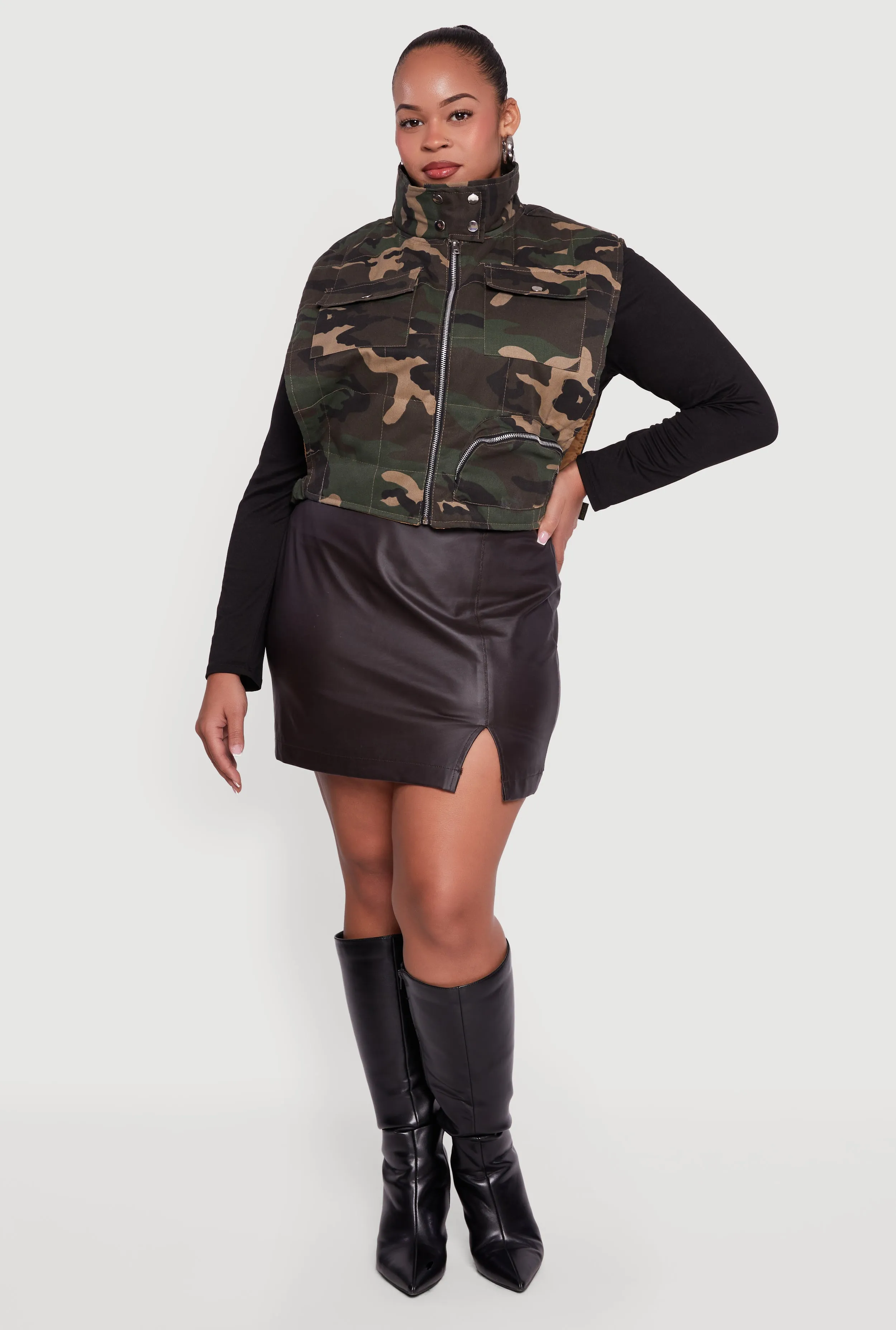 Plus Size Camo Print Mock Neck Side Buckle Quilted Vest sold by Rainbow