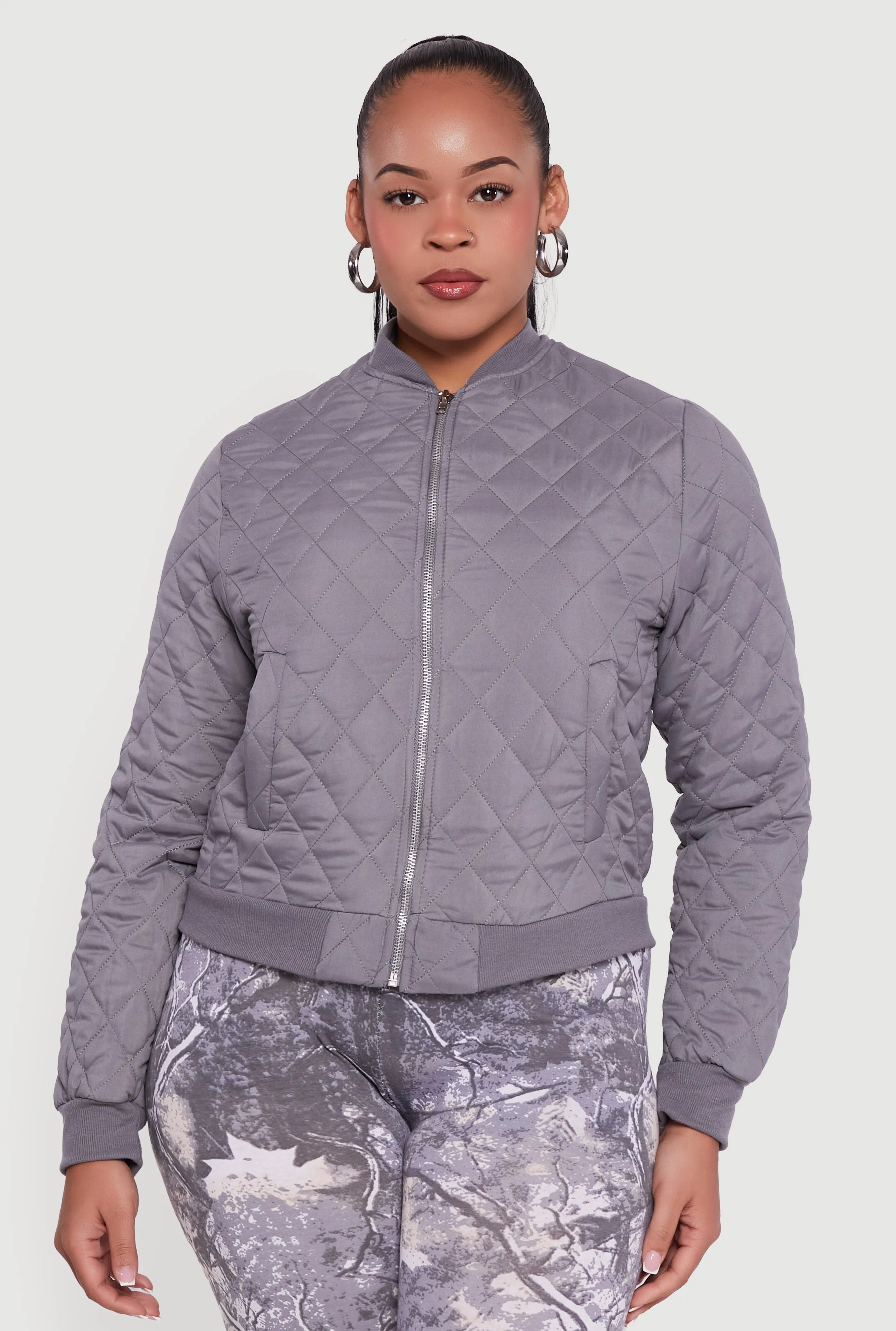 Plus Size Zip Front Quilted Bomber Jacket sold by Rainbow product image thumbnail 2