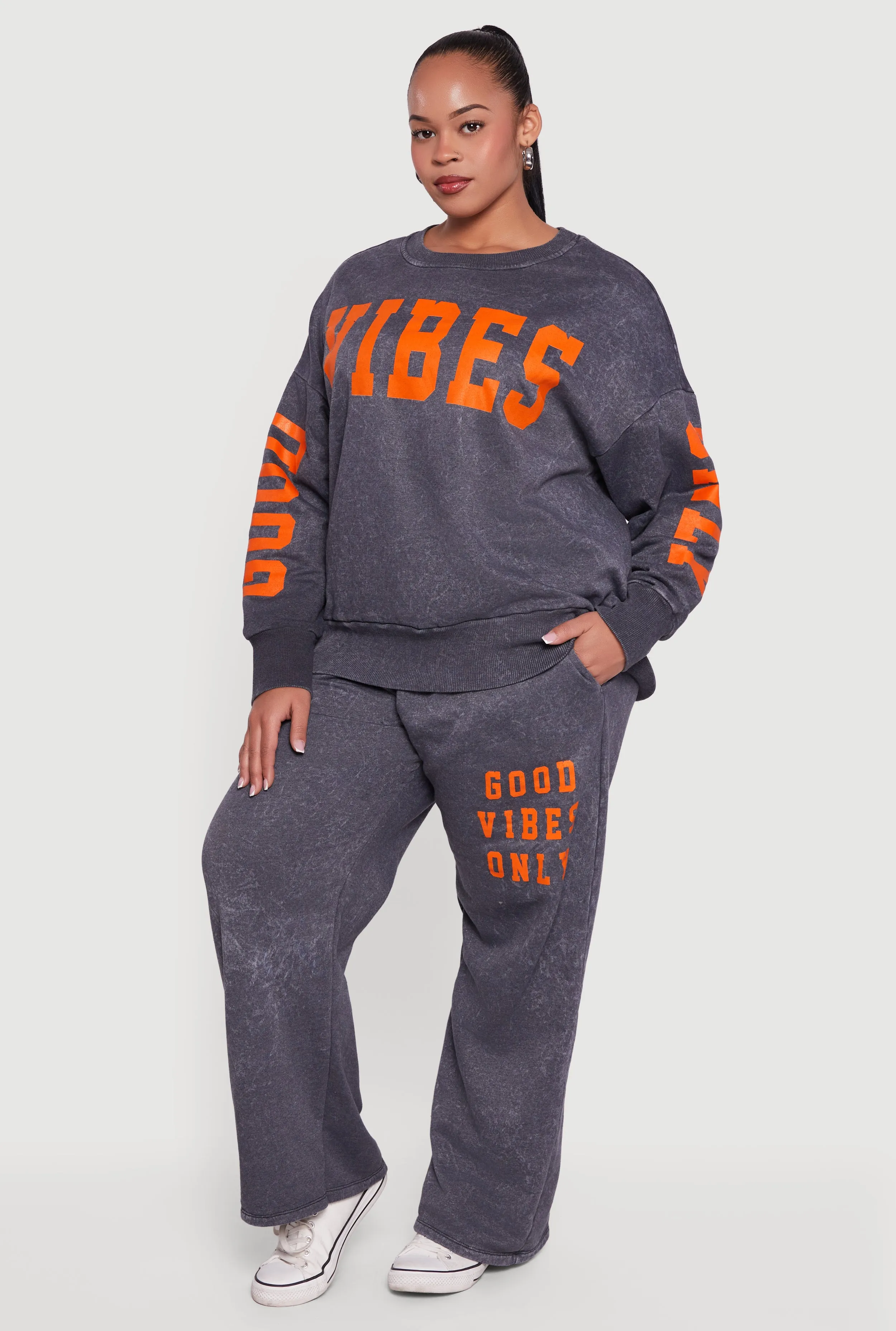 Plus Size Acid Wash Good Vibes Only Graphic Sweatpants sold by Rainbow
