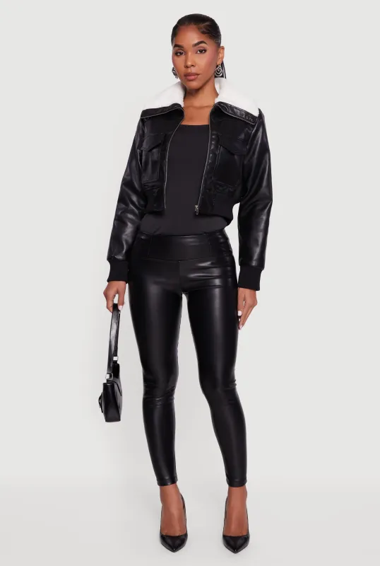 Faux Fur Collar Cropped Faux Leather Jacket sold by Rainbow