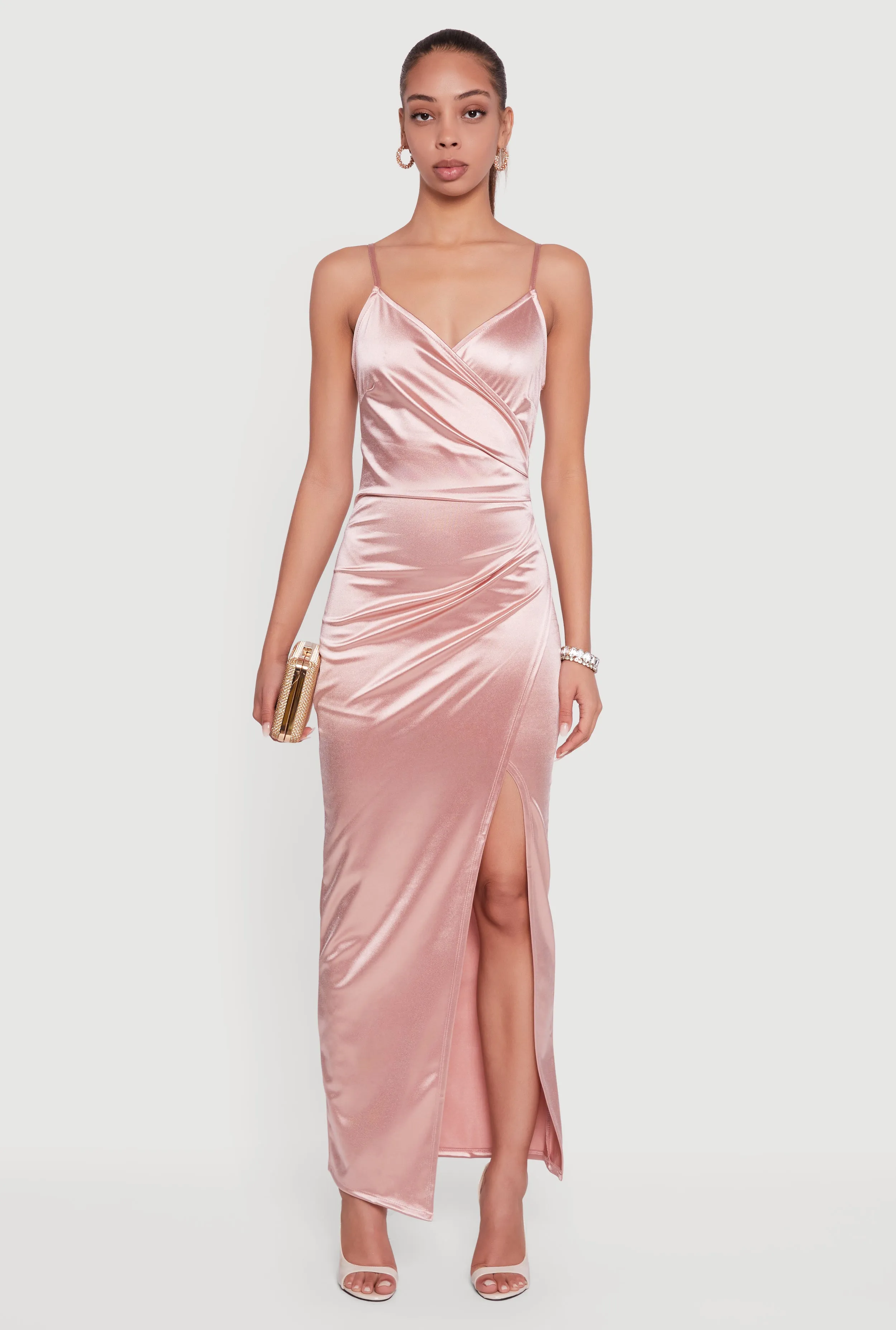 Satin Ruched Faux Wrap Maxi Dress with Side Slit sold by Rainbow product image thumbnail 2