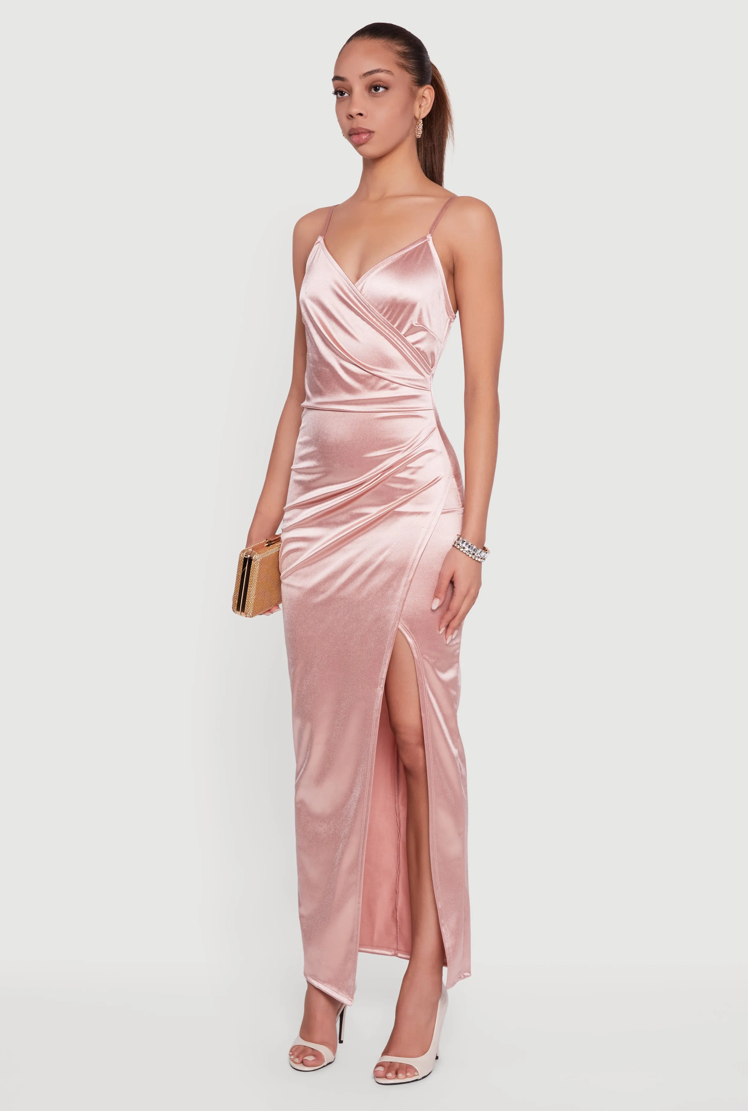 Satin Ruched Faux Wrap Maxi Dress with Side Slit sold by Rainbow product image thumbnail 3