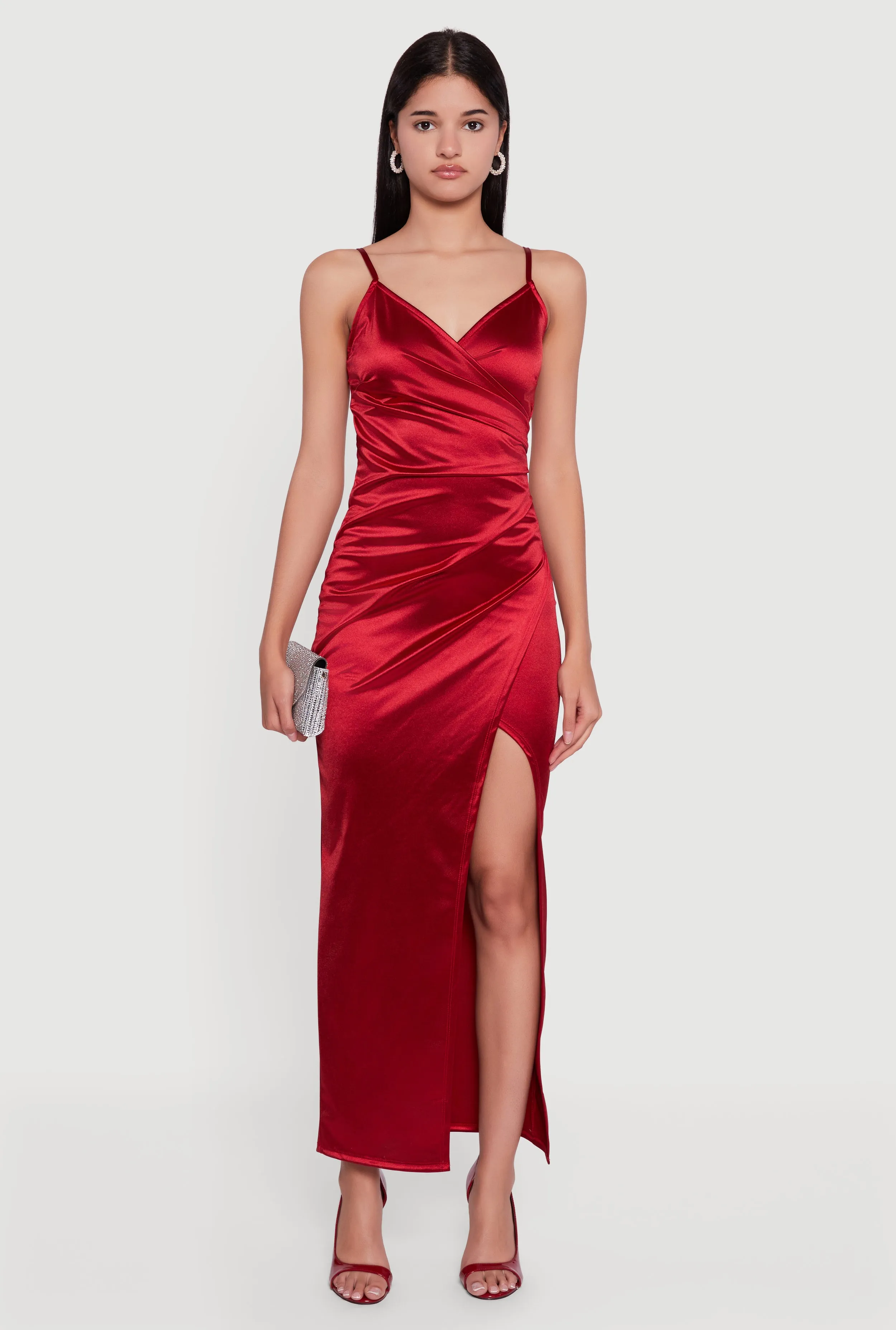 Satin Ruched Faux Wrap Maxi Dress with Side Slit sold by Rainbow product image thumbnail 2