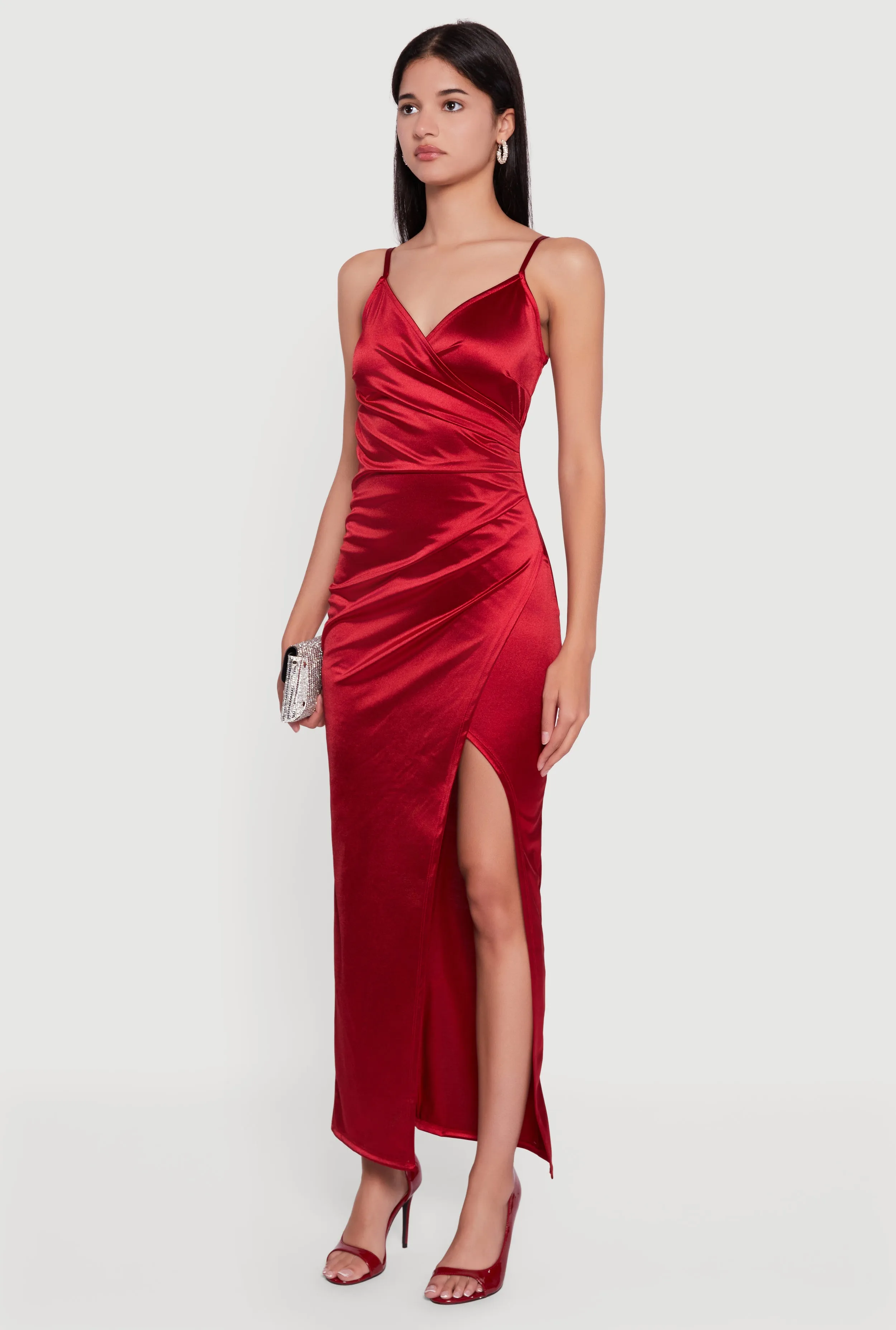 Satin Ruched Faux Wrap Maxi Dress with Side Slit sold by Rainbow product image thumbnail 3