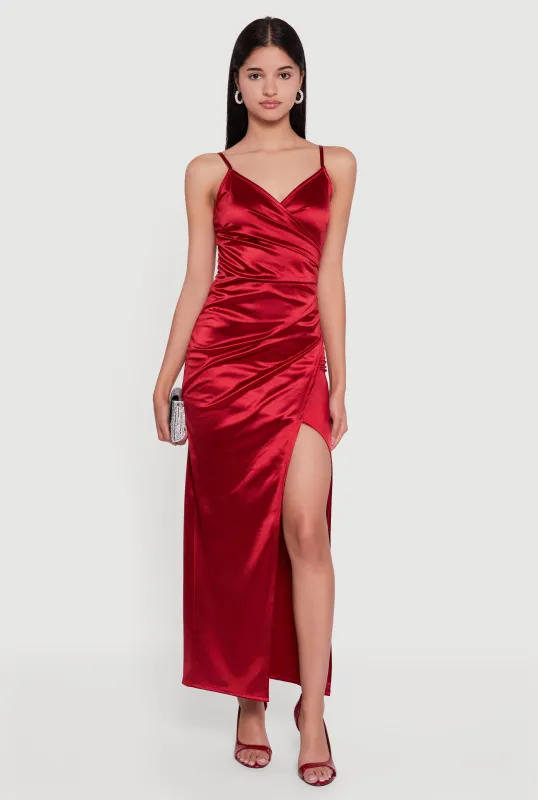 Satin Ruched Faux Wrap Maxi Dress with Side Slit sold by Rainbow