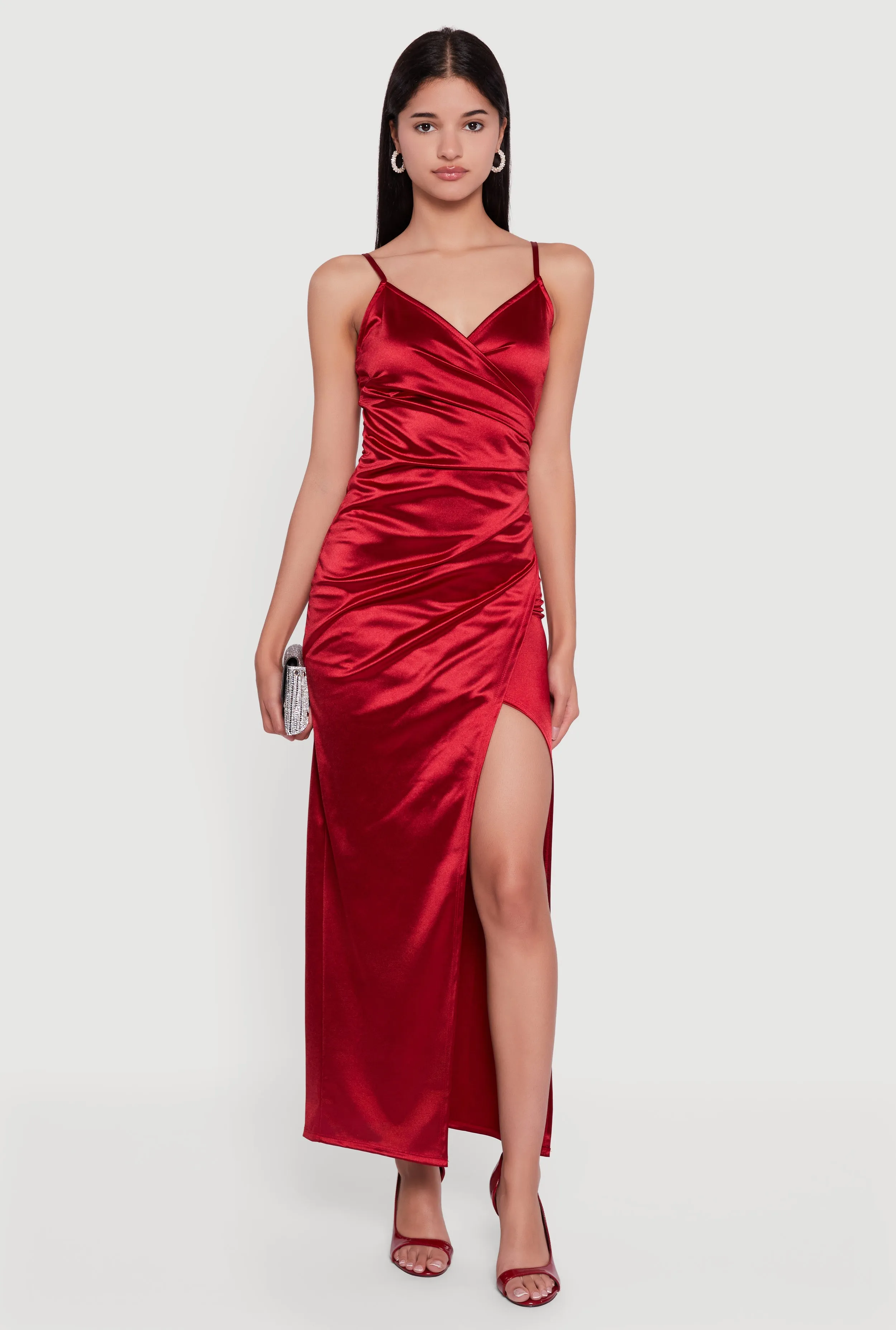 Satin Ruched Faux Wrap Maxi Dress with Side Slit sold by Rainbow