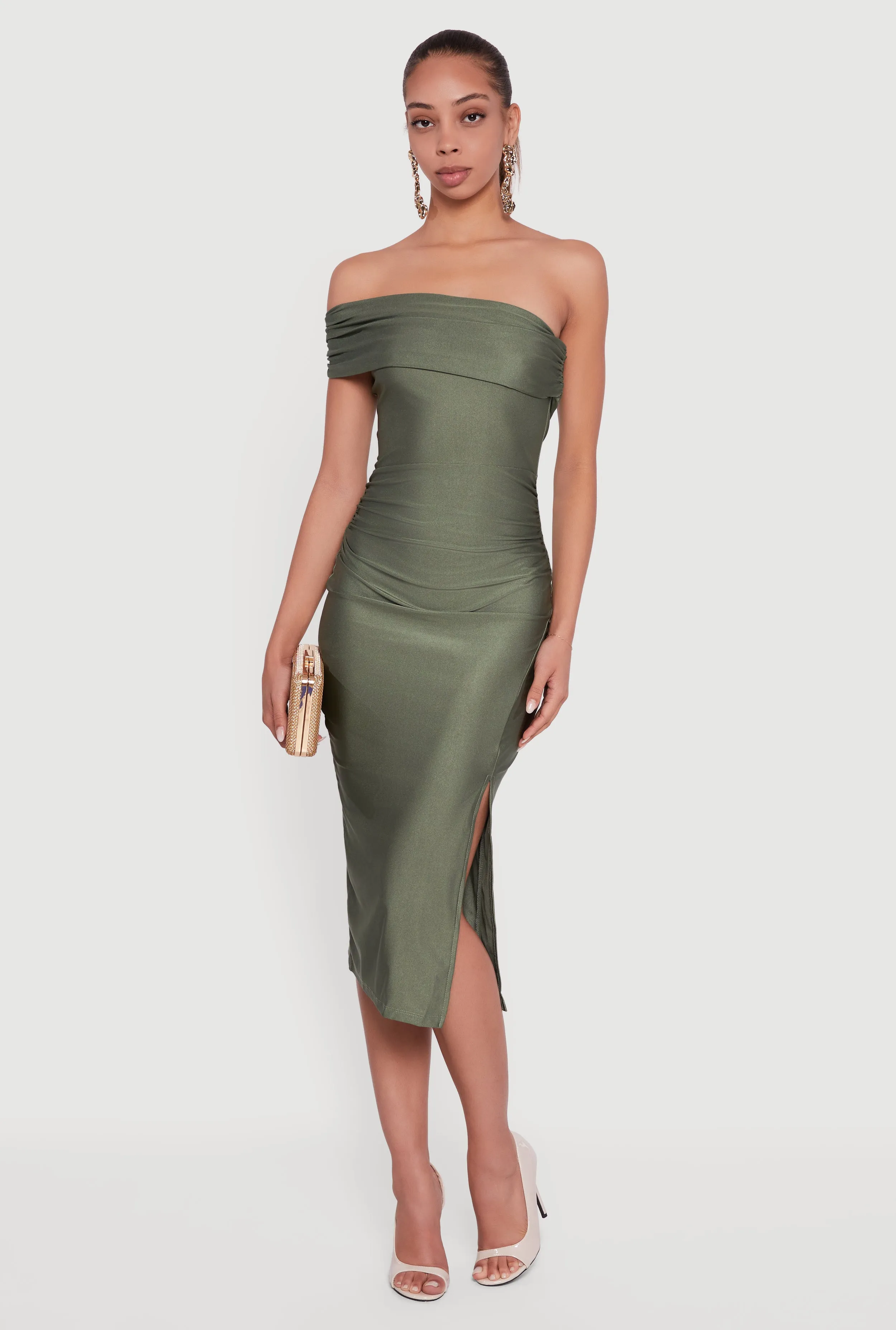 Off the Shoulder Ruched Midi Dress with Side Slit sold by Rainbow product image thumbnail 3