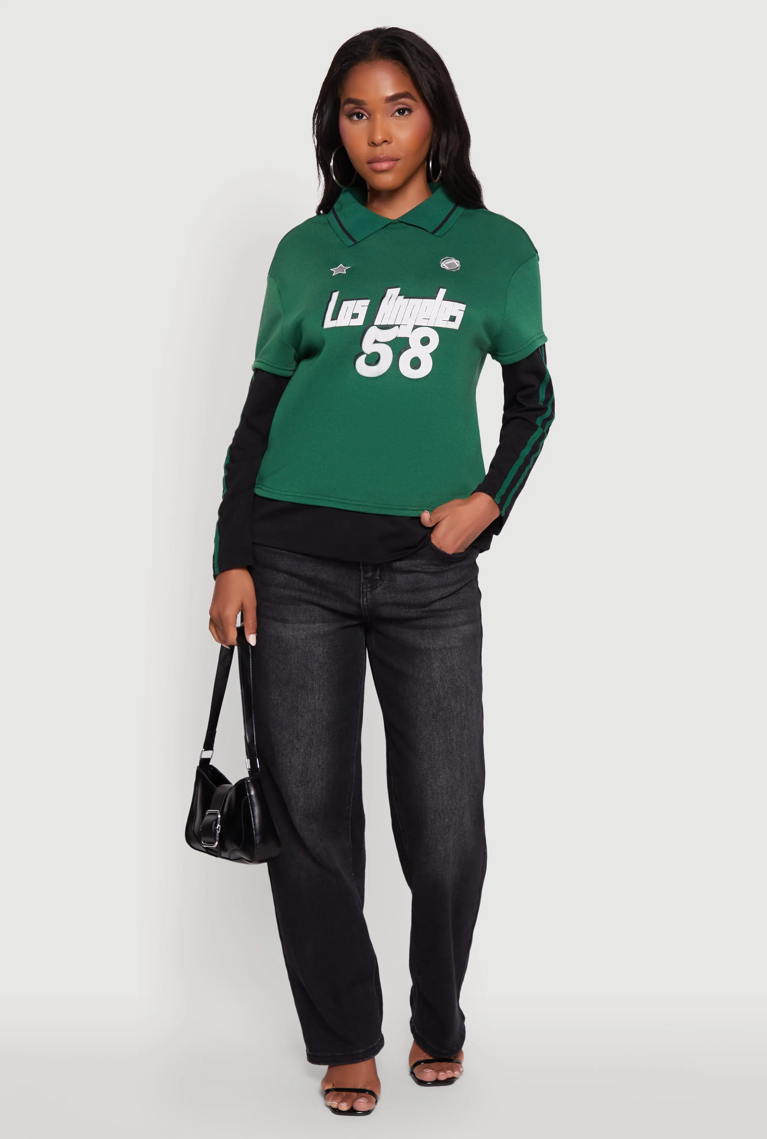 Varsity Stripe Foil Screen Graphic Layered Look Sweatshirt sold by Rainbow product image thumbnail 2