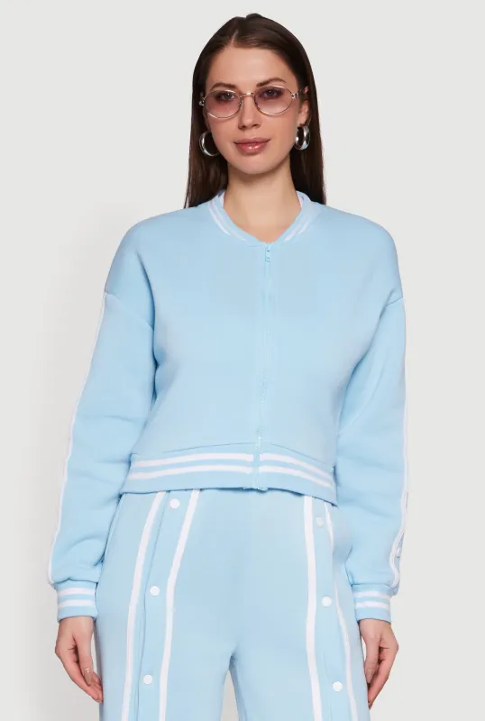 Mandarin Collar Varsity Stripe Zip Front Sweatshirt sold by Rainbow