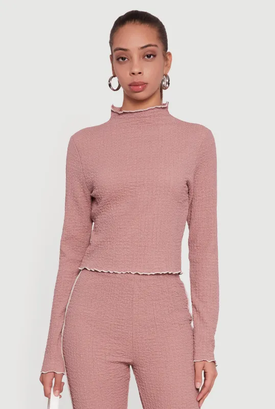 Textured Knit Contrast Trim Long Sleeve Mock Neck Top sold by Rainbow