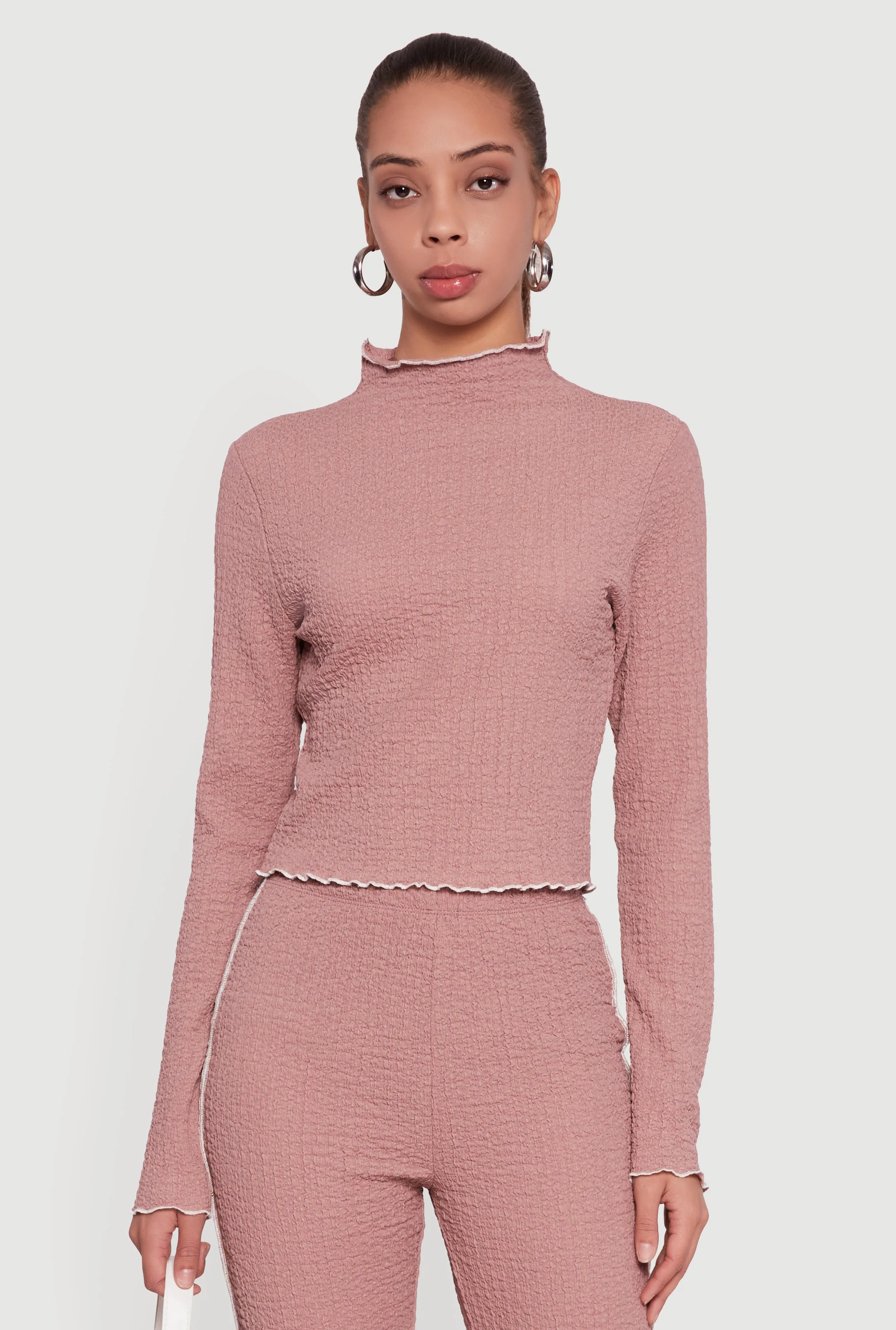 Textured Knit Contrast Trim Long Sleeve Mock Neck Top sold by Rainbow