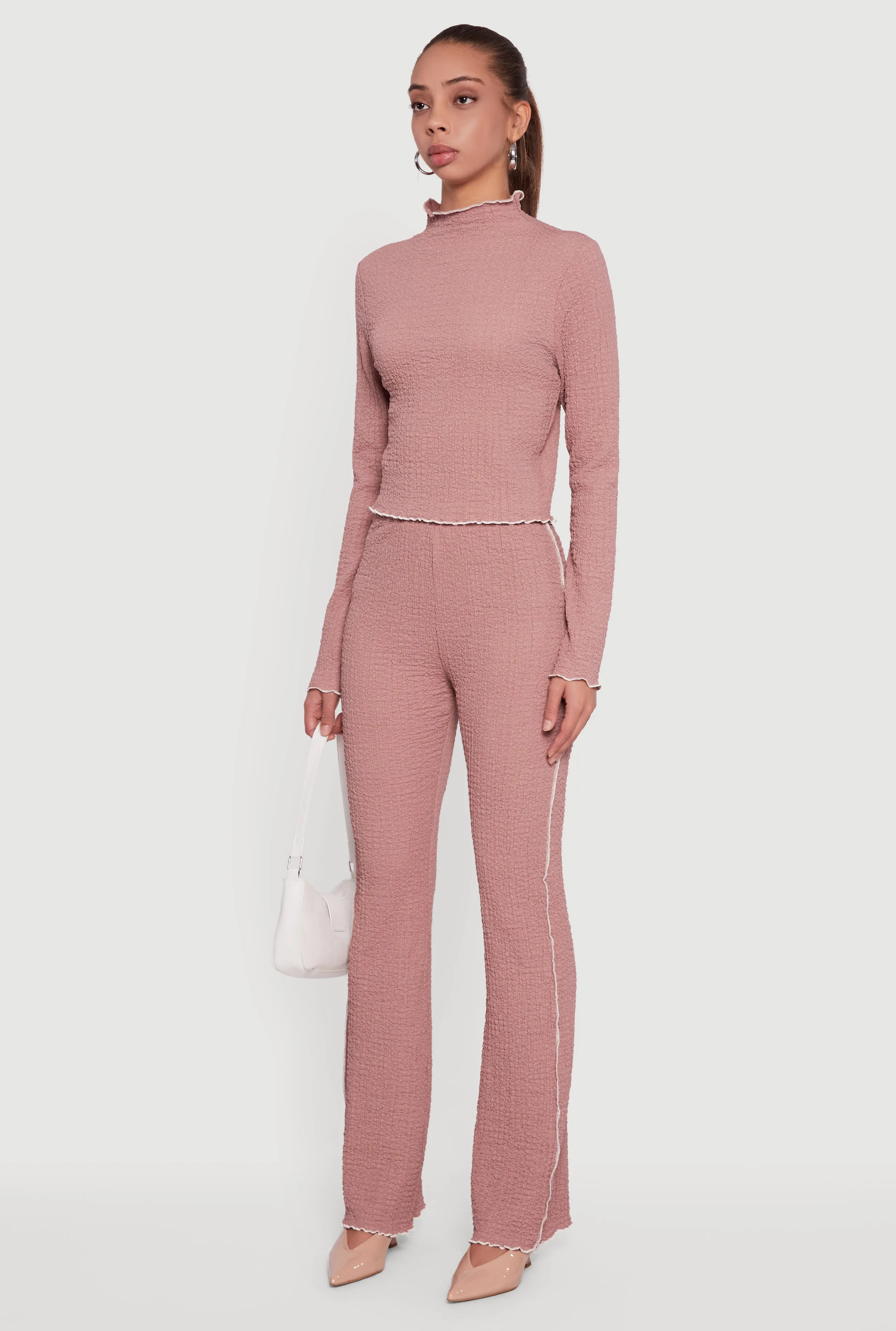 Textured Knit Contrast Trim Long Sleeve Mock Neck Top sold by Rainbow product image thumbnail 5