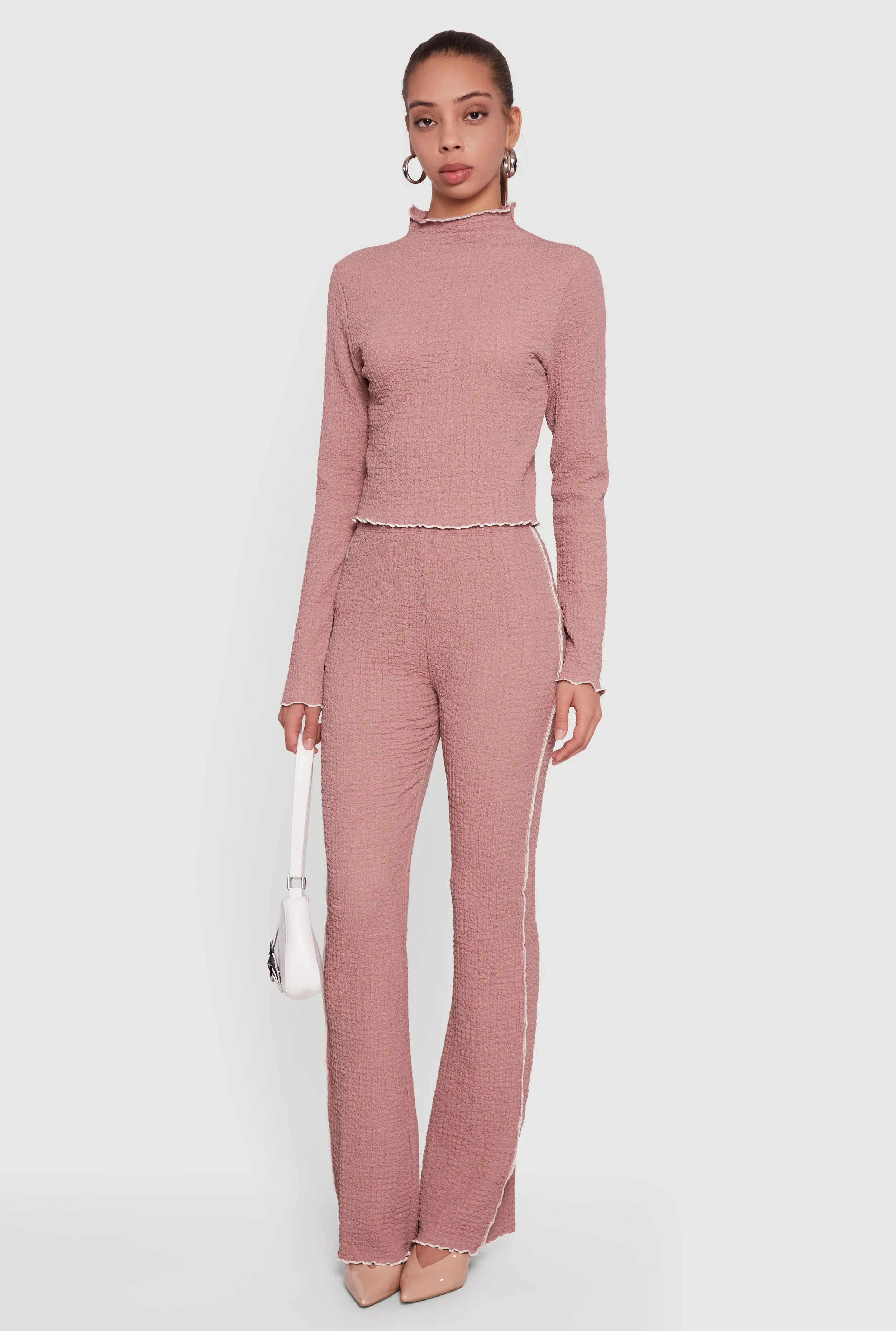 Textured Knit Contrast Trim Long Sleeve Mock Neck Top sold by Rainbow product image thumbnail 2