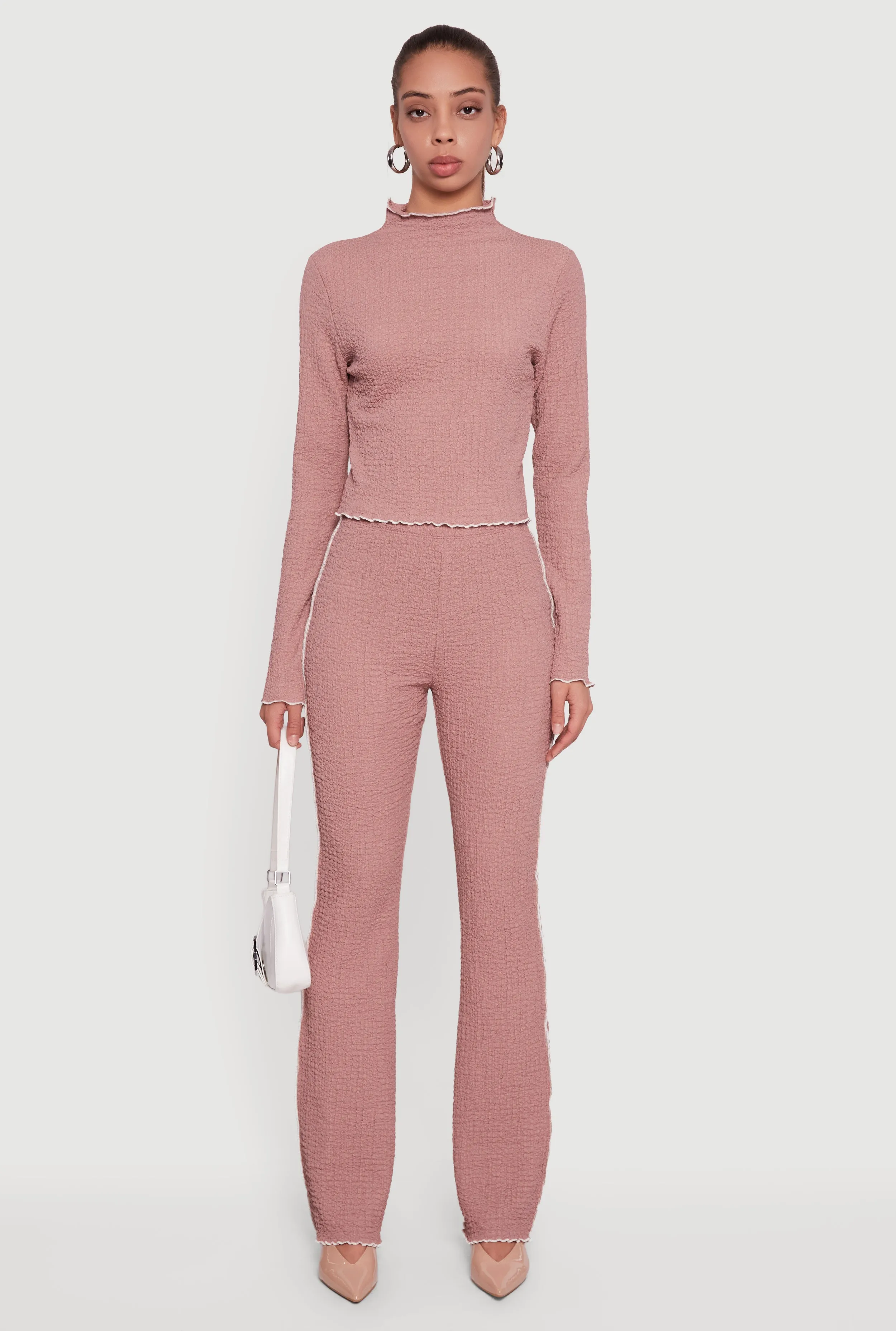 Textured Knit Contrast Trim Long Sleeve Mock Neck Top sold by Rainbow product image thumbnail 3