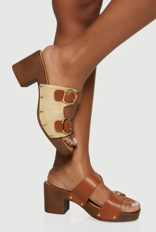 Metallic Buckle Double Banded Open Toe Block Heels sold by Rainbow