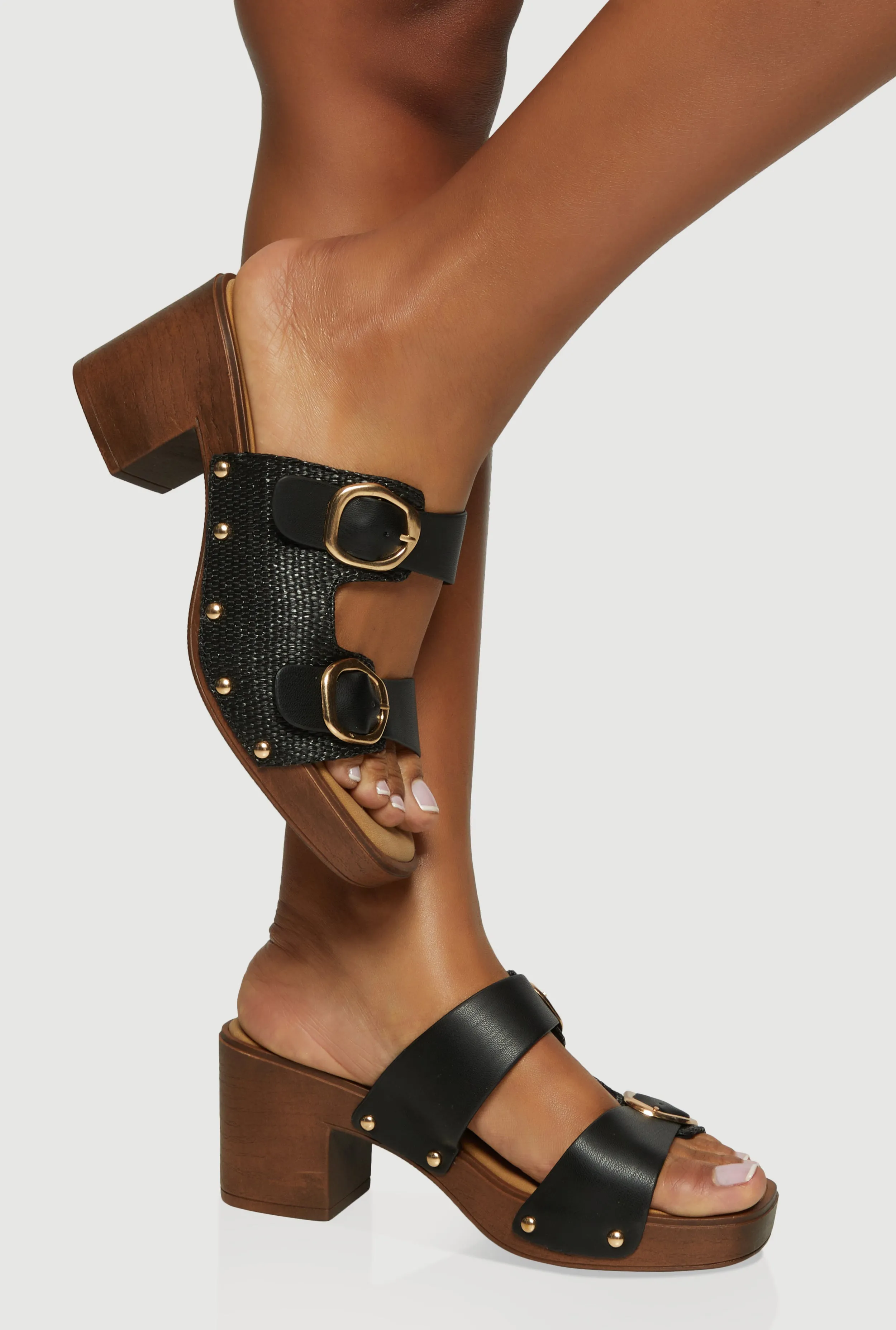 Metallic Buckle Double Banded Open Toe Block Heels sold by Rainbow product image thumbnail 2