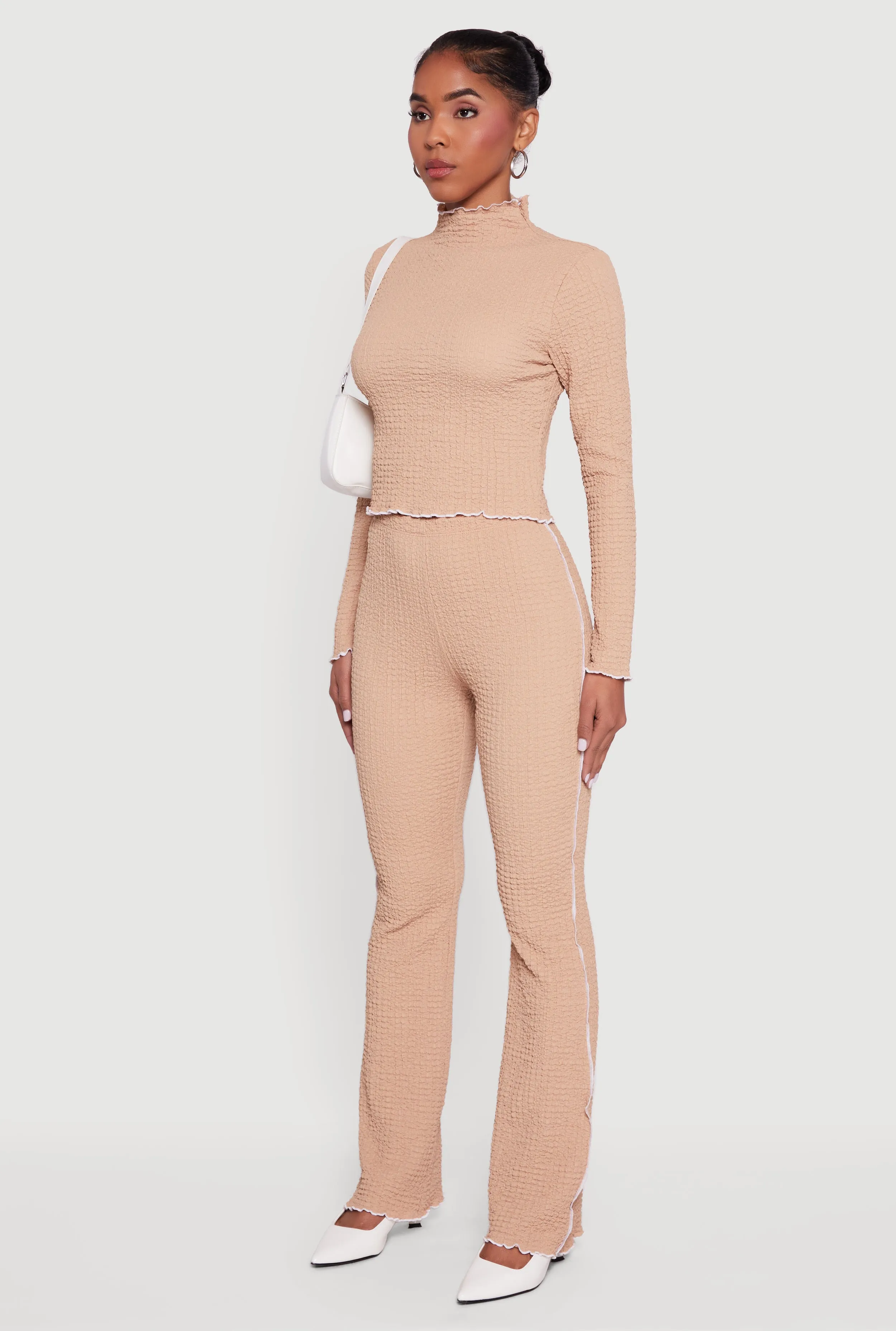 Textured Knit Contrast Trim Long Sleeve Mock Neck Top sold by Rainbow product image thumbnail 5