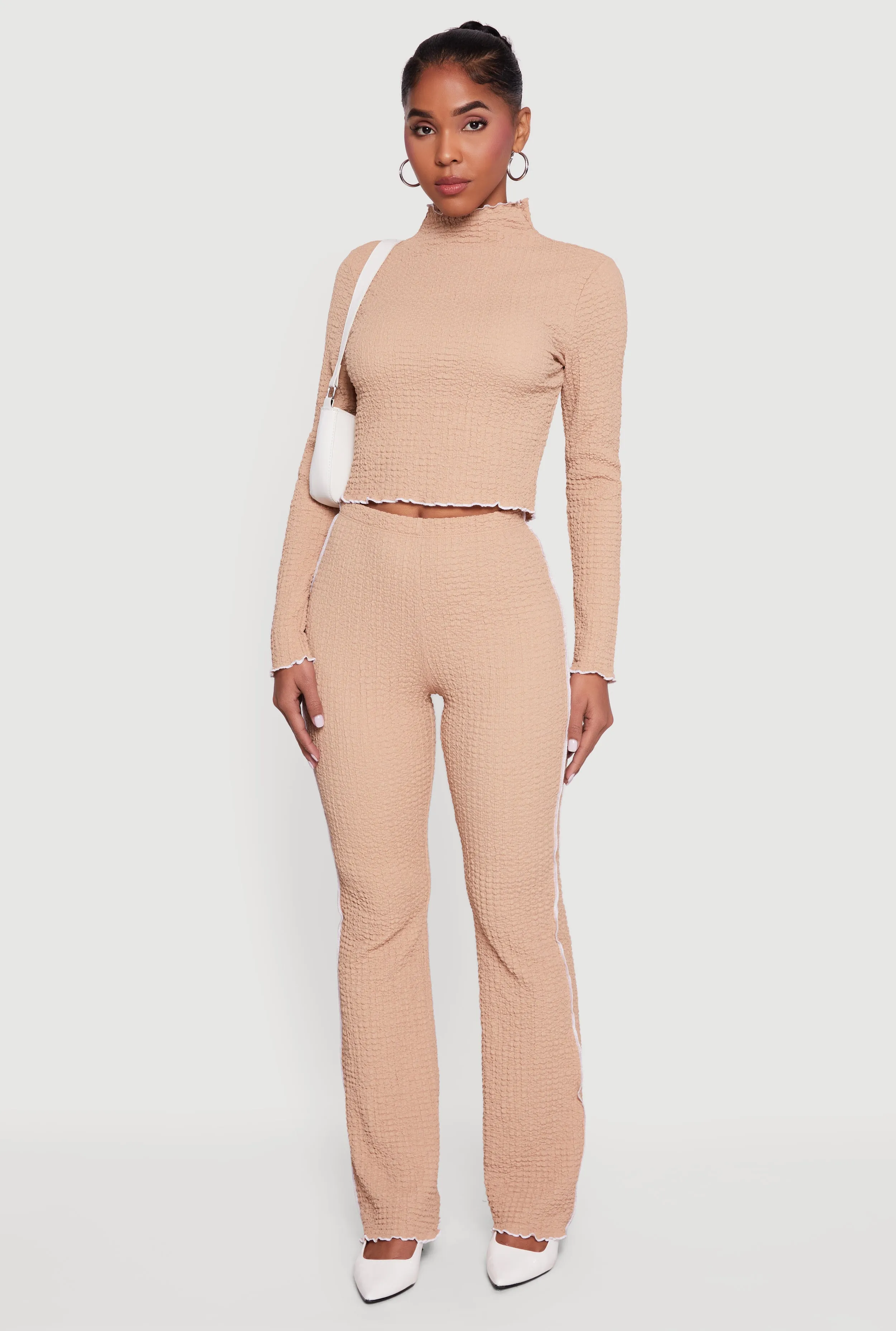 Textured Knit Contrast Trim Long Sleeve Mock Neck Top sold by Rainbow product image thumbnail 2