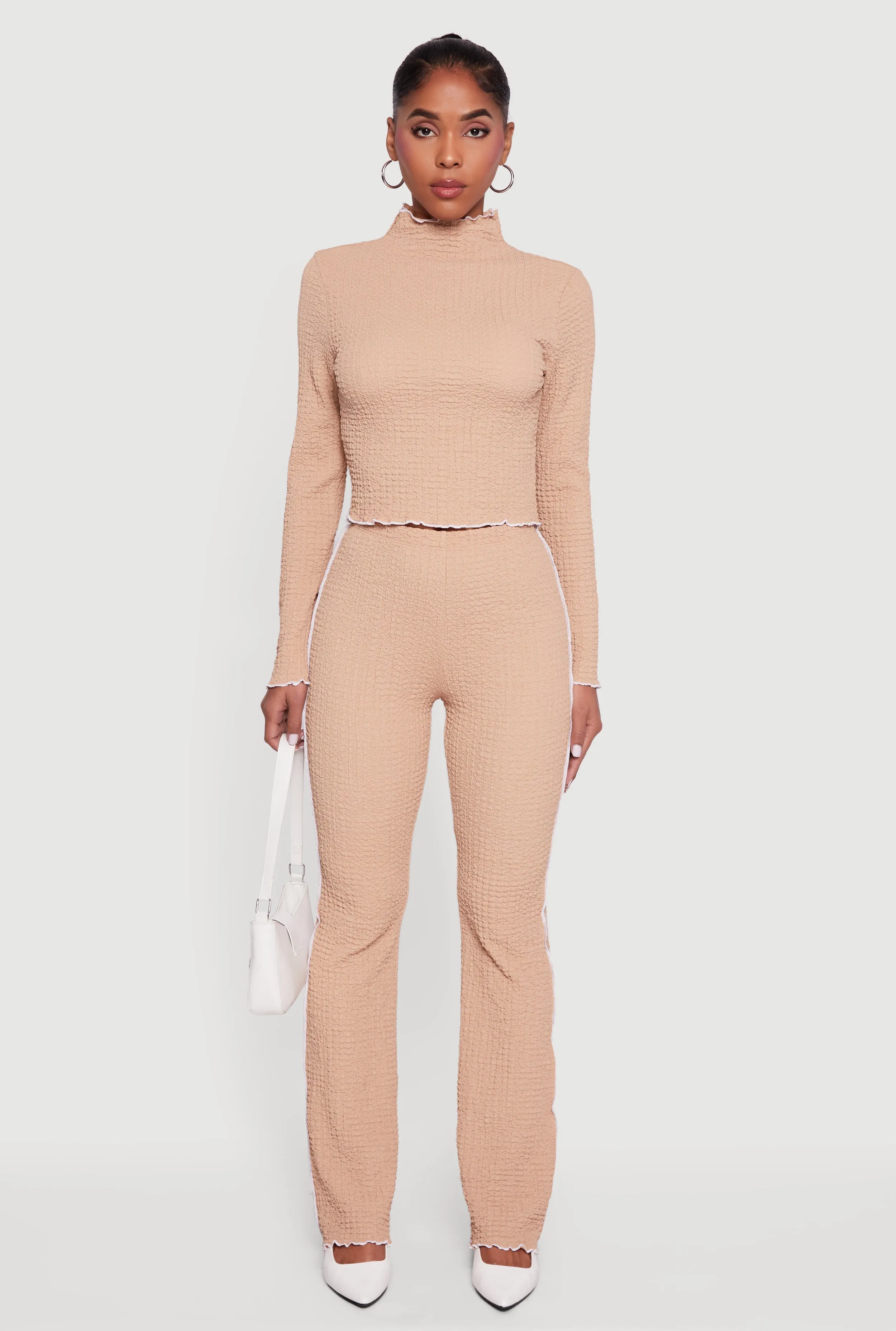 Textured Knit Contrast Trim Long Sleeve Mock Neck Top sold by Rainbow product image thumbnail 3