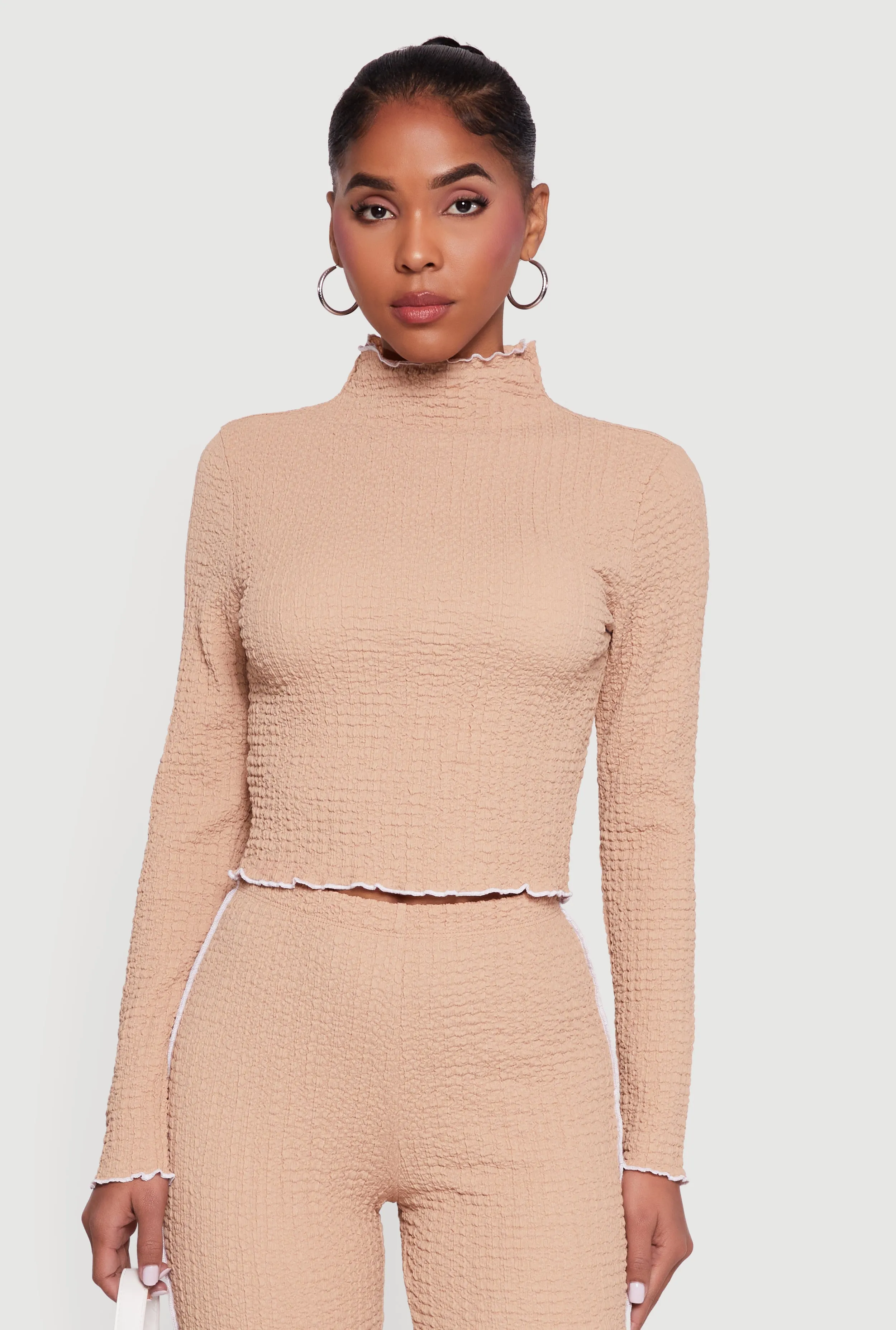 Textured Knit Contrast Trim Long Sleeve Mock Neck Top sold by Rainbow