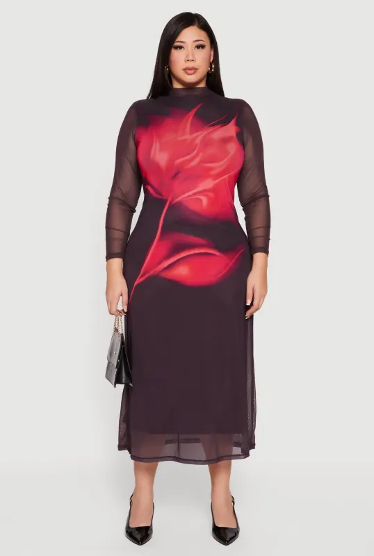 Plus Size Almost Famous Mock Neck Floral Mesh Overlay Dress sold by Rainbow