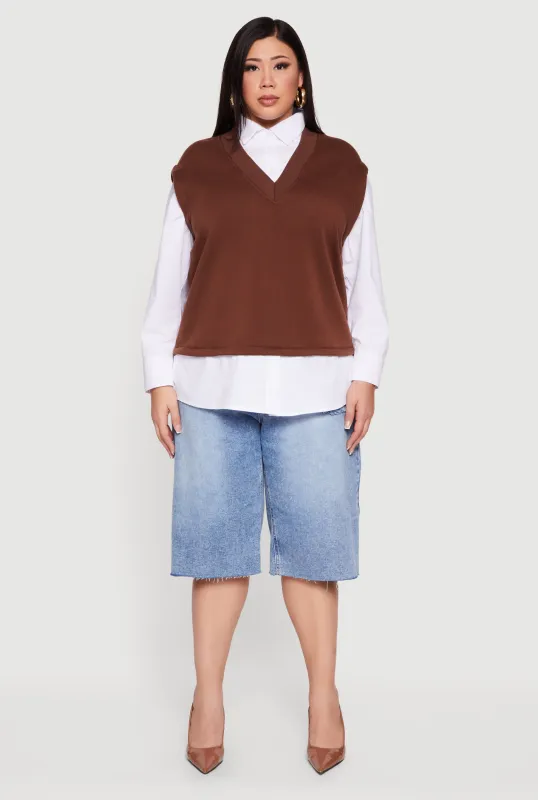 Plus Size Shirt Collar Layered Look Vest sold by Rainbow