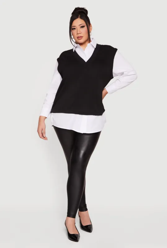 Plus Size Shirt Collar Layered Look Vest sold by Rainbow