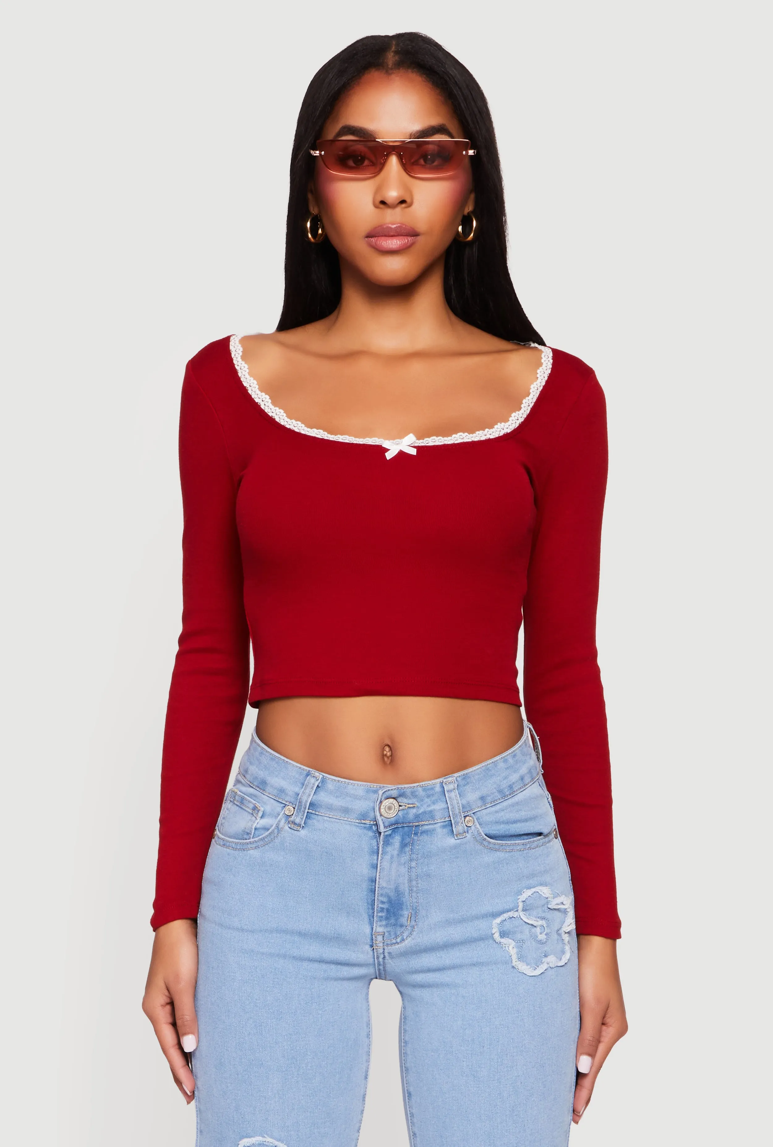 Lace Detail Scoop Neck Long Sleeve Crop Top sold by Rainbow product image thumbnail 2