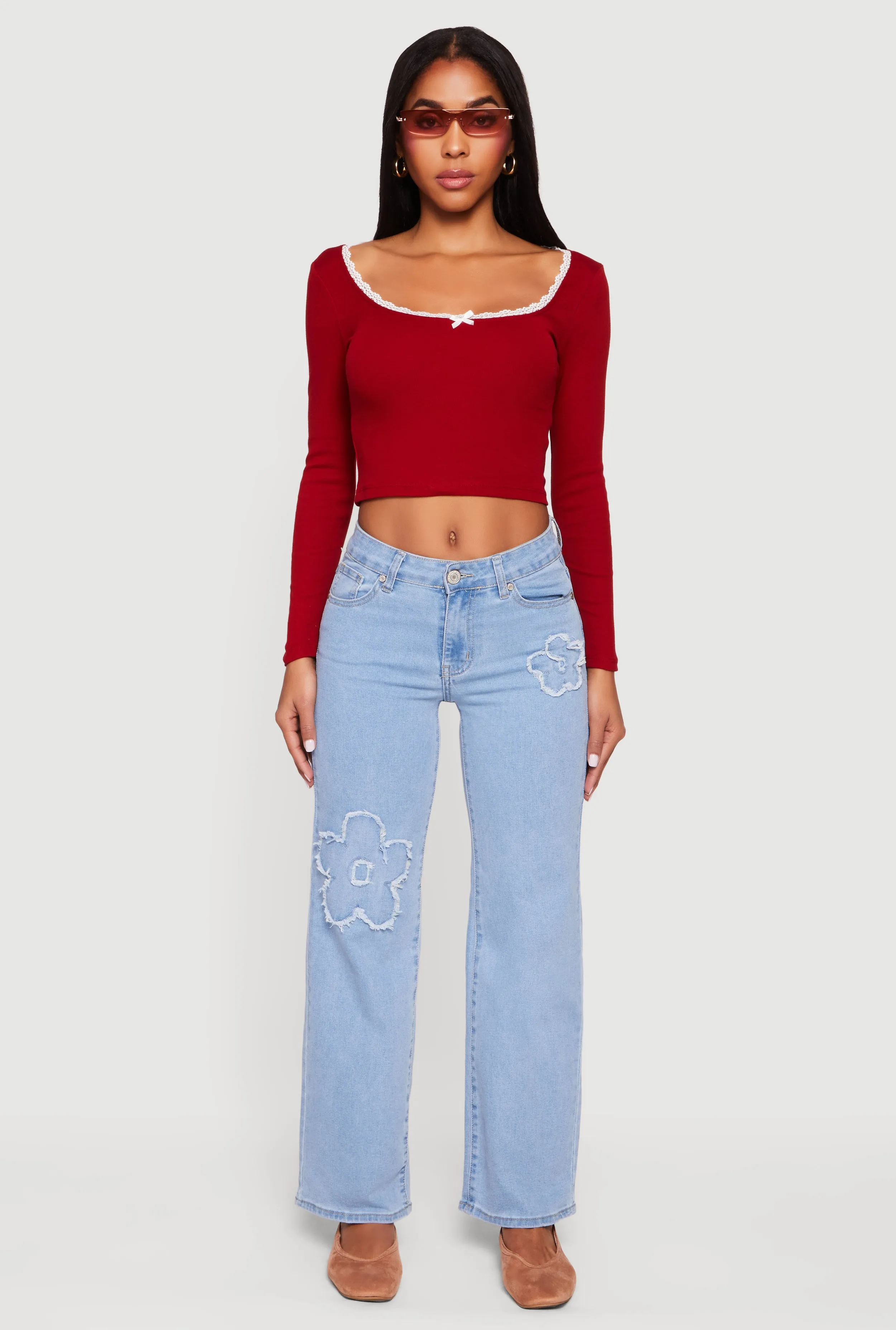 Lace Detail Scoop Neck Long Sleeve Crop Top sold by Rainbow product image thumbnail 3