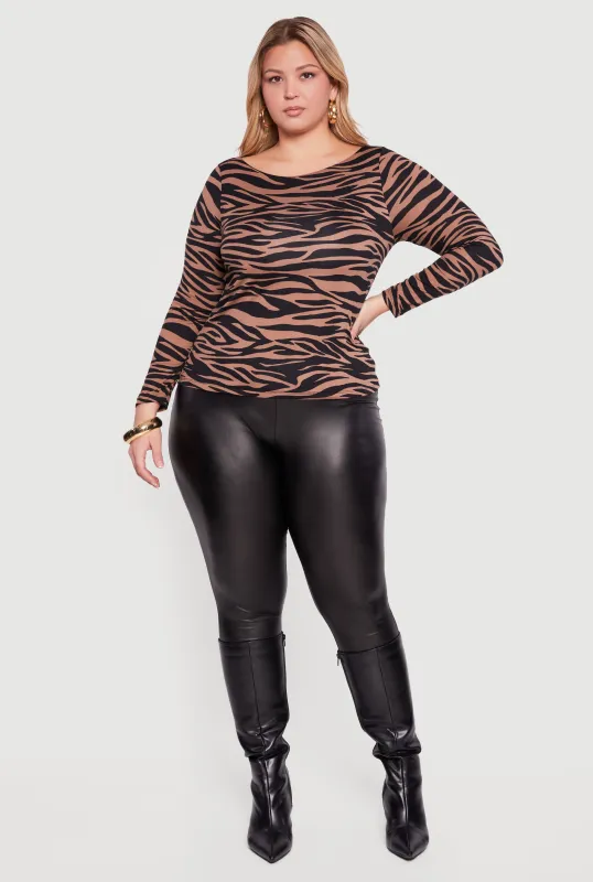Plus Size Zebra Print Long Sleeve Boat Neck Blouse sold by Rainbow
