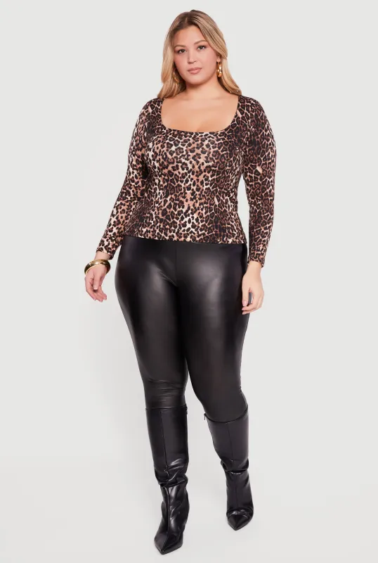 Plus Size Leopard Print Long Sleeve Scoop Neck Blouse sold by Rainbow