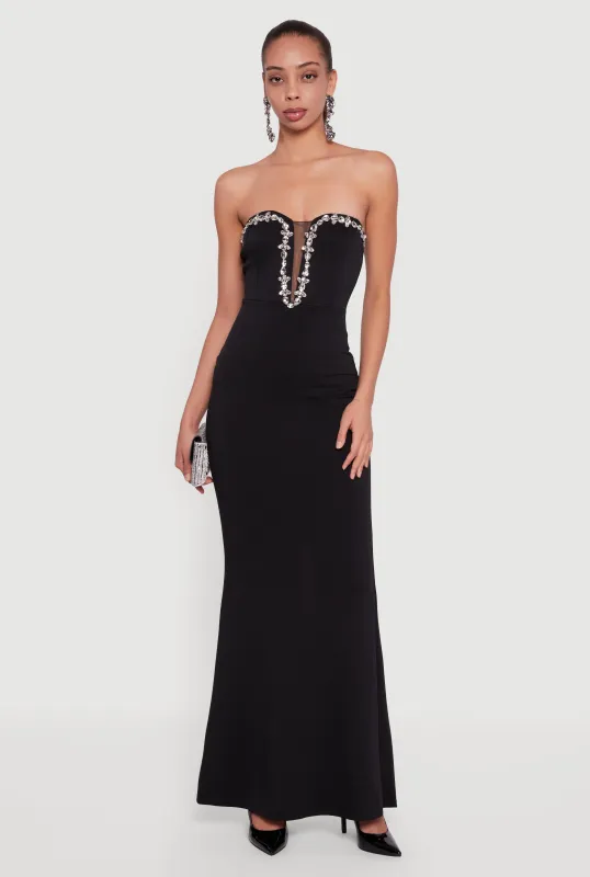 Rhinestone Plunge Trim Detail Mermaid Dress sold by Rainbow