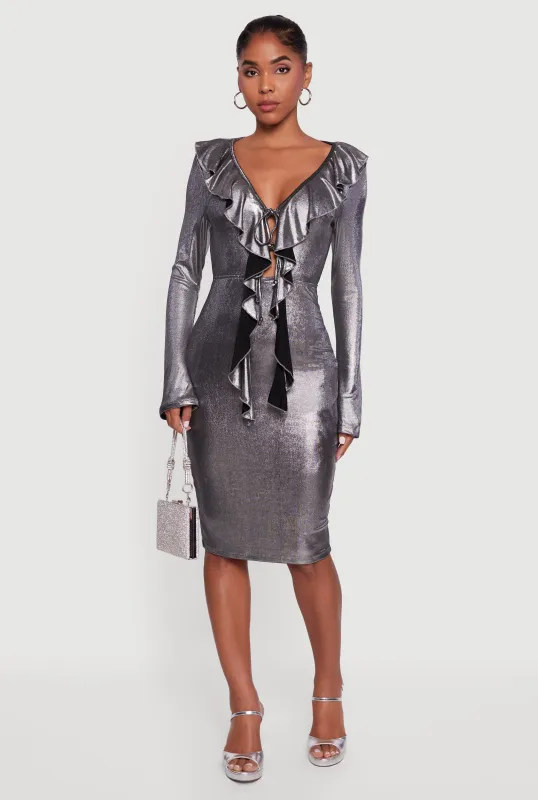 Long Sleeve Foil Screen Ruffle Detail Midi Dress sold by Rainbow