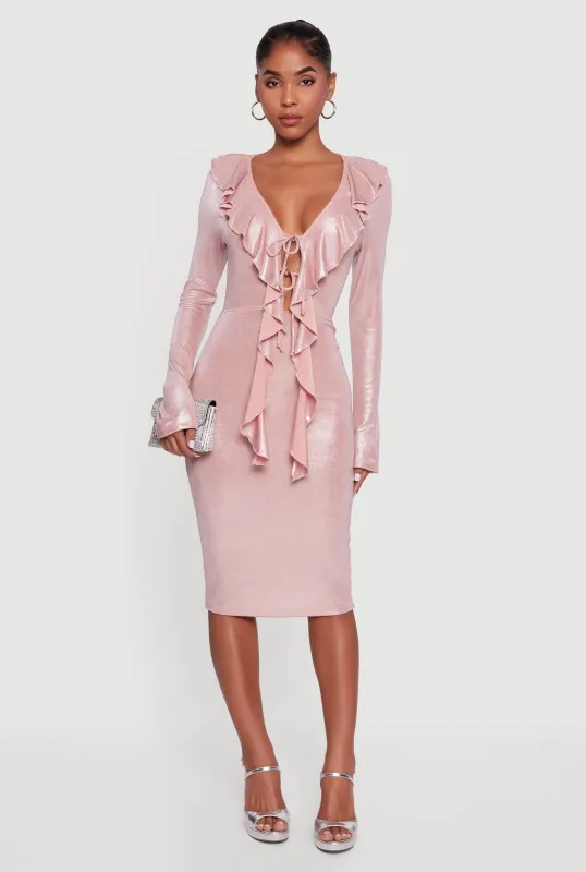 Long Sleeve Foil Screen Ruffle Detail Midi Dress made by Rainbow